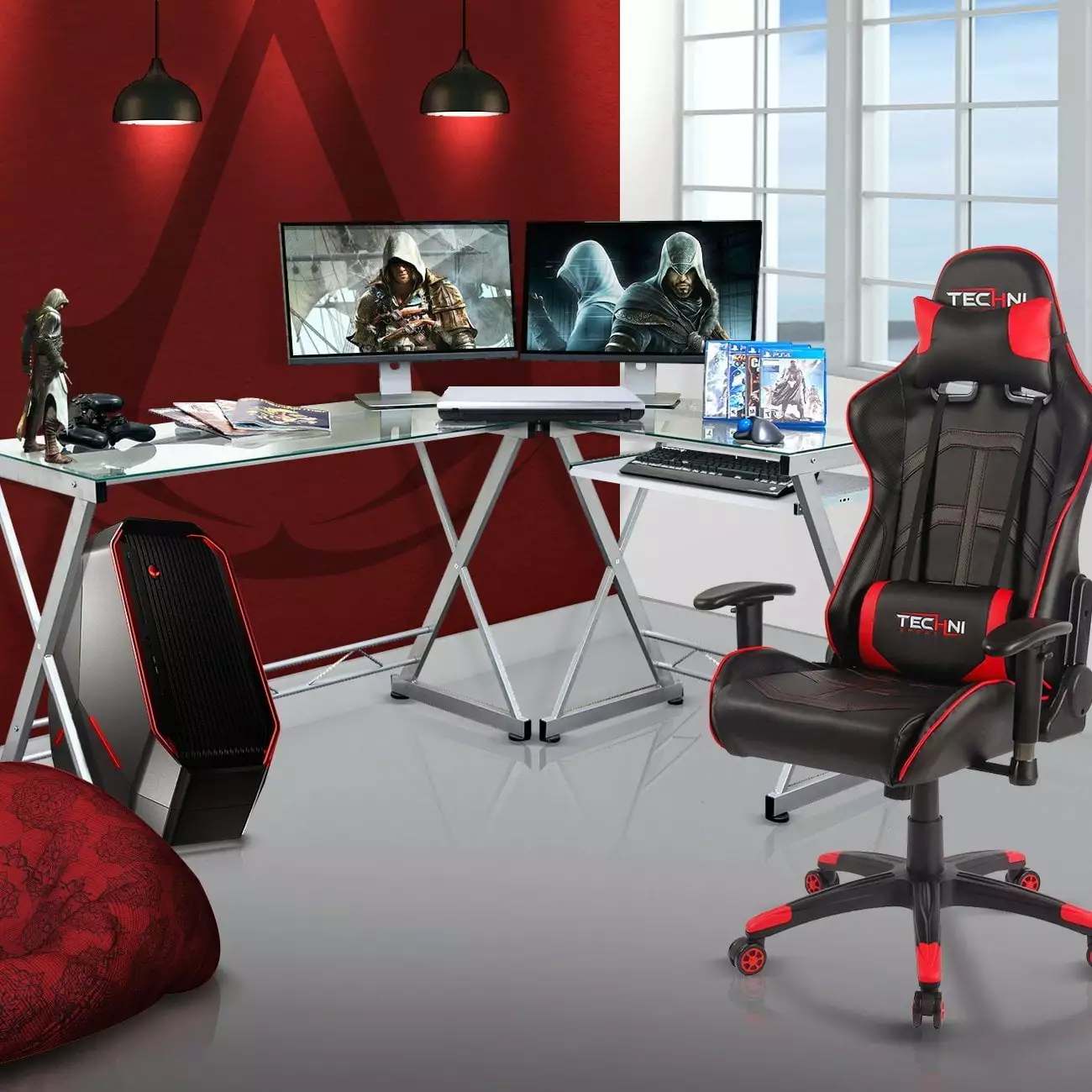 Techni Sport Gaming Desk - Clear Glass Top Computer Desk Silver Modern Gamers