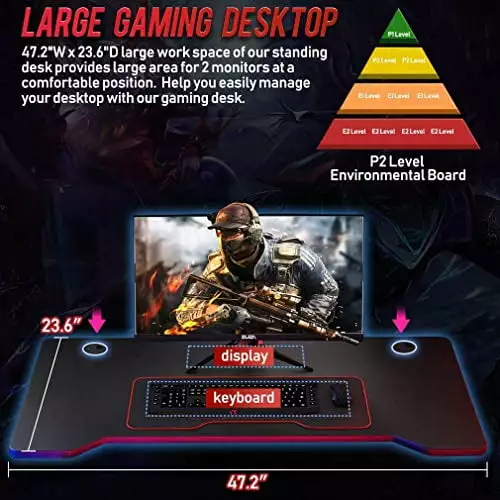 47.2 Inch Gaming Desk PC Computer Desk Red Home Office Desk Cup Holder and Headphone Hook Gamer Workstation Modern Writing...