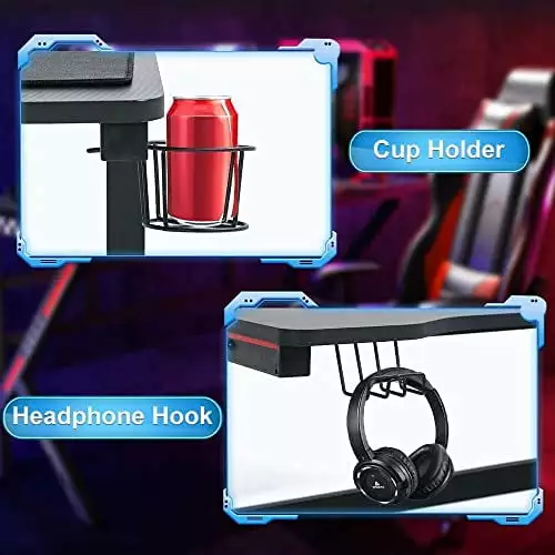 XXkseh 47 Inch Gaming Computer Desk Hook and Cup Holder Black Home Office Desk Study Work Games Easy to Install TeviRoom