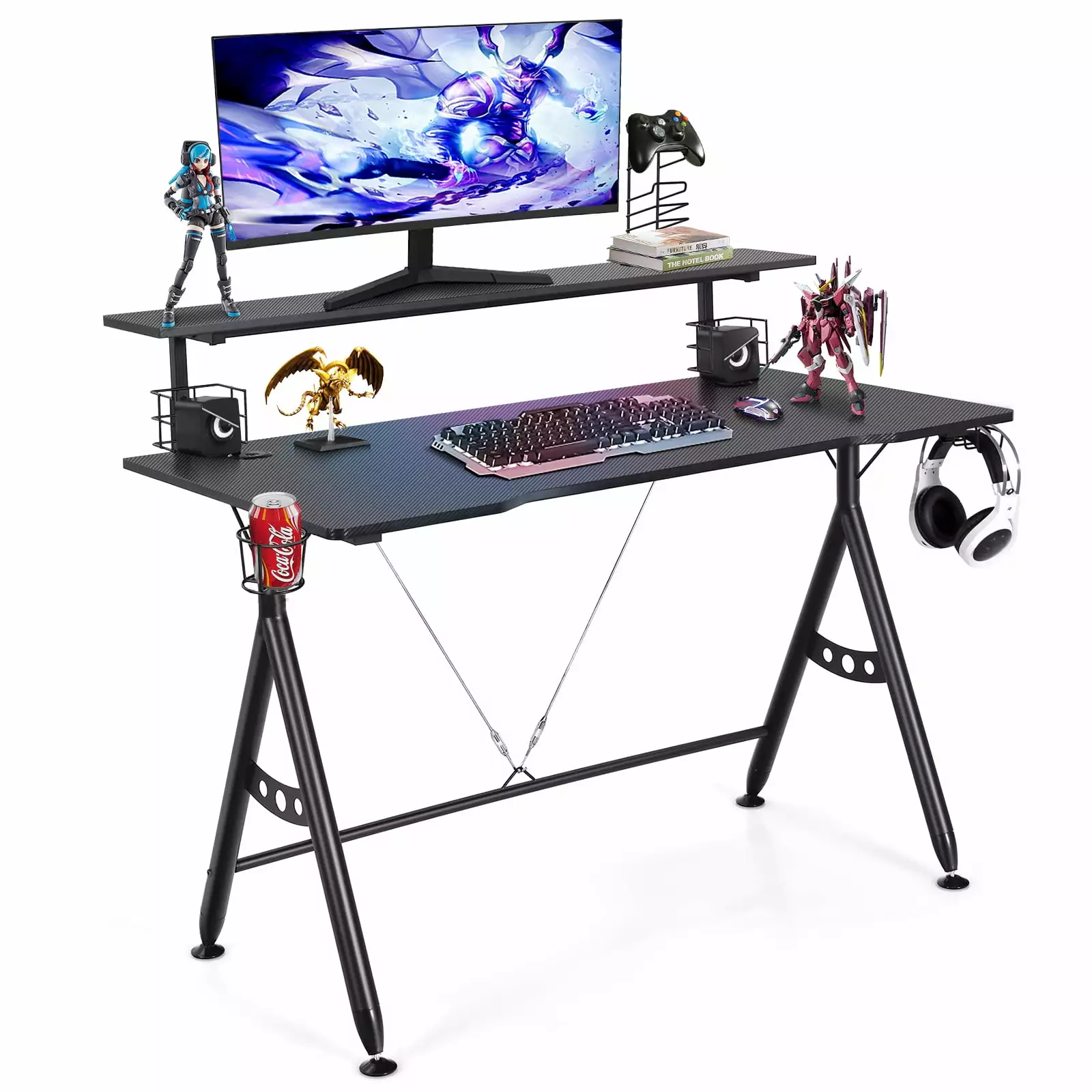 Topbuy Gaming Desk Dual Monitor Mount Ergonomic Y Shaped Computer Desk Cup Holder Headphone Hook