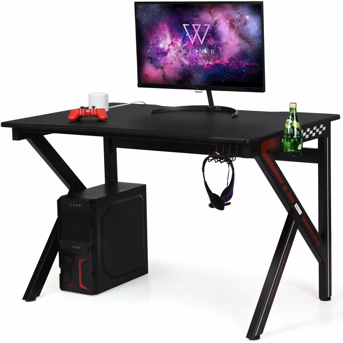 Topbuy K-Shape Gaming Desk Cup Holder and Hook PC Gaming Black