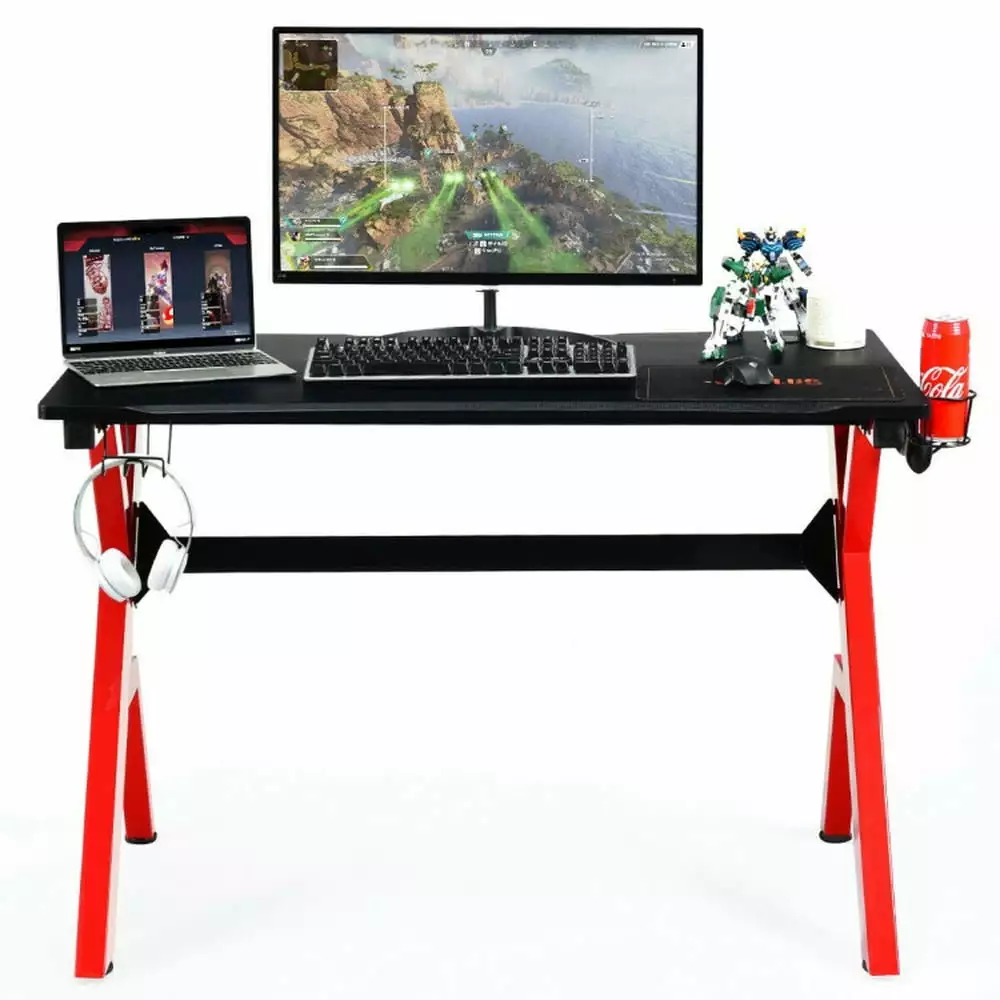 Topcobe Ergonomic Gaming Desk Carbon Fiber Surface R-Shape Steel Frame Office Desk Drawer