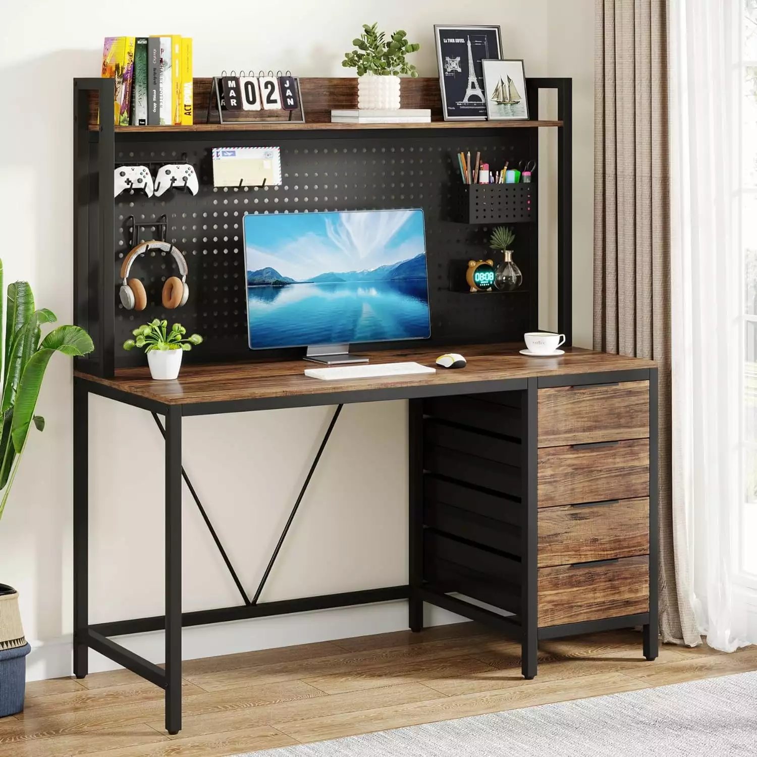 47 Inch Computer Desk 4 Drawers Hutch Home Office Industrial Gaming Desk PC Desk Tribesigns
