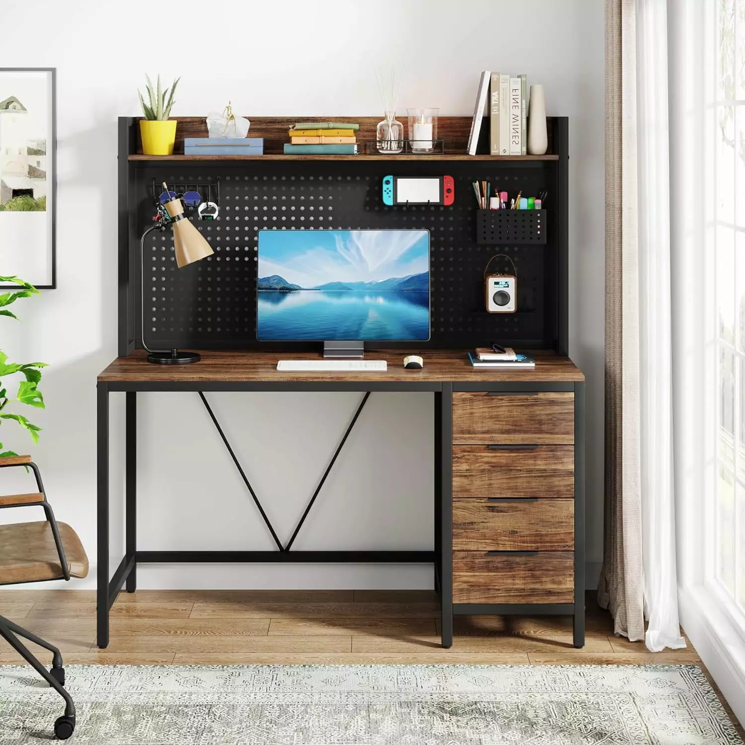 47 Inch Computer Desk 4 Drawers Pegboard Home Office Gaming PC Desk Tribesigns