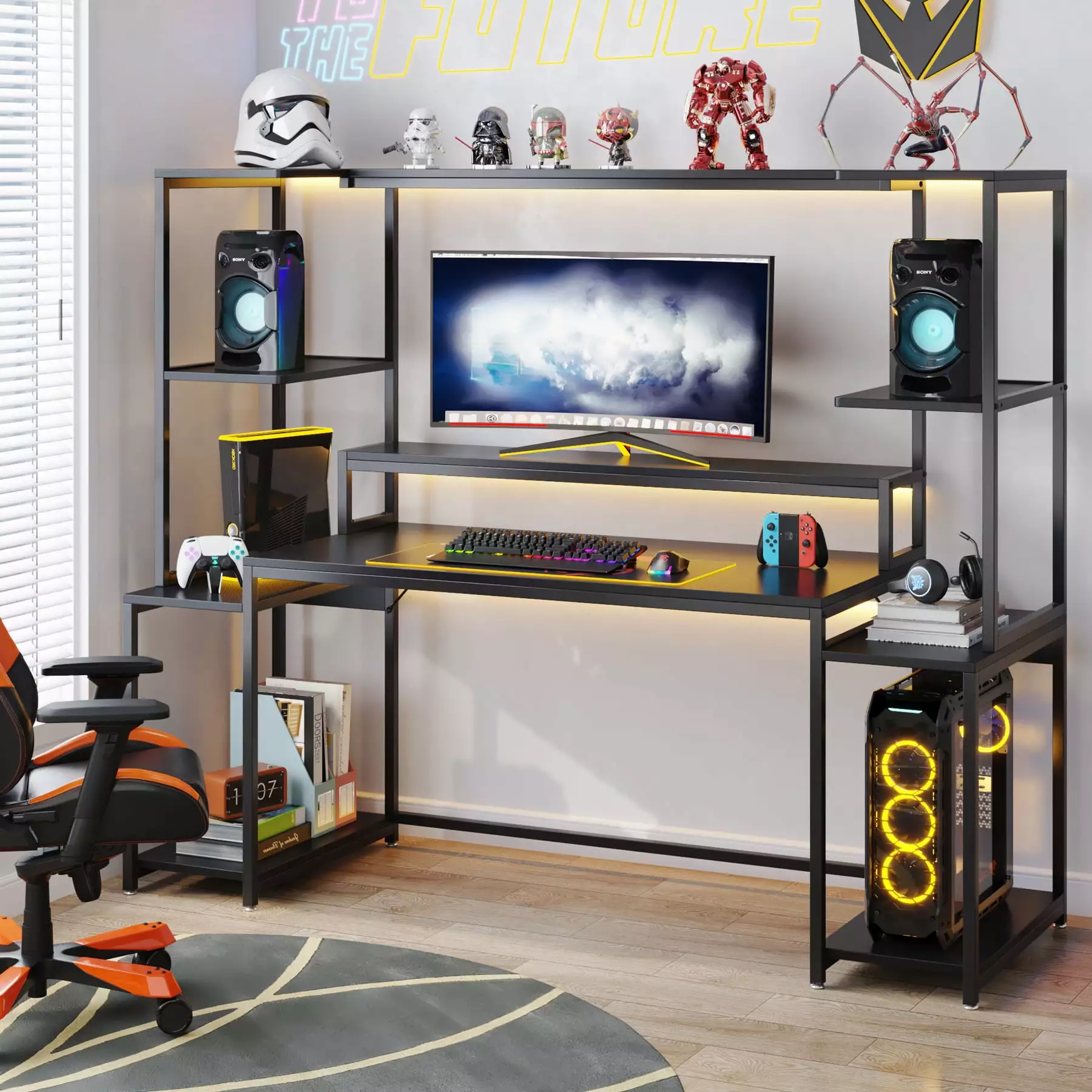 Tribesigns 70 Inch Gaming Table Hutch and Shelf Ergonomic Gamer Table Monitor Stand Shelf