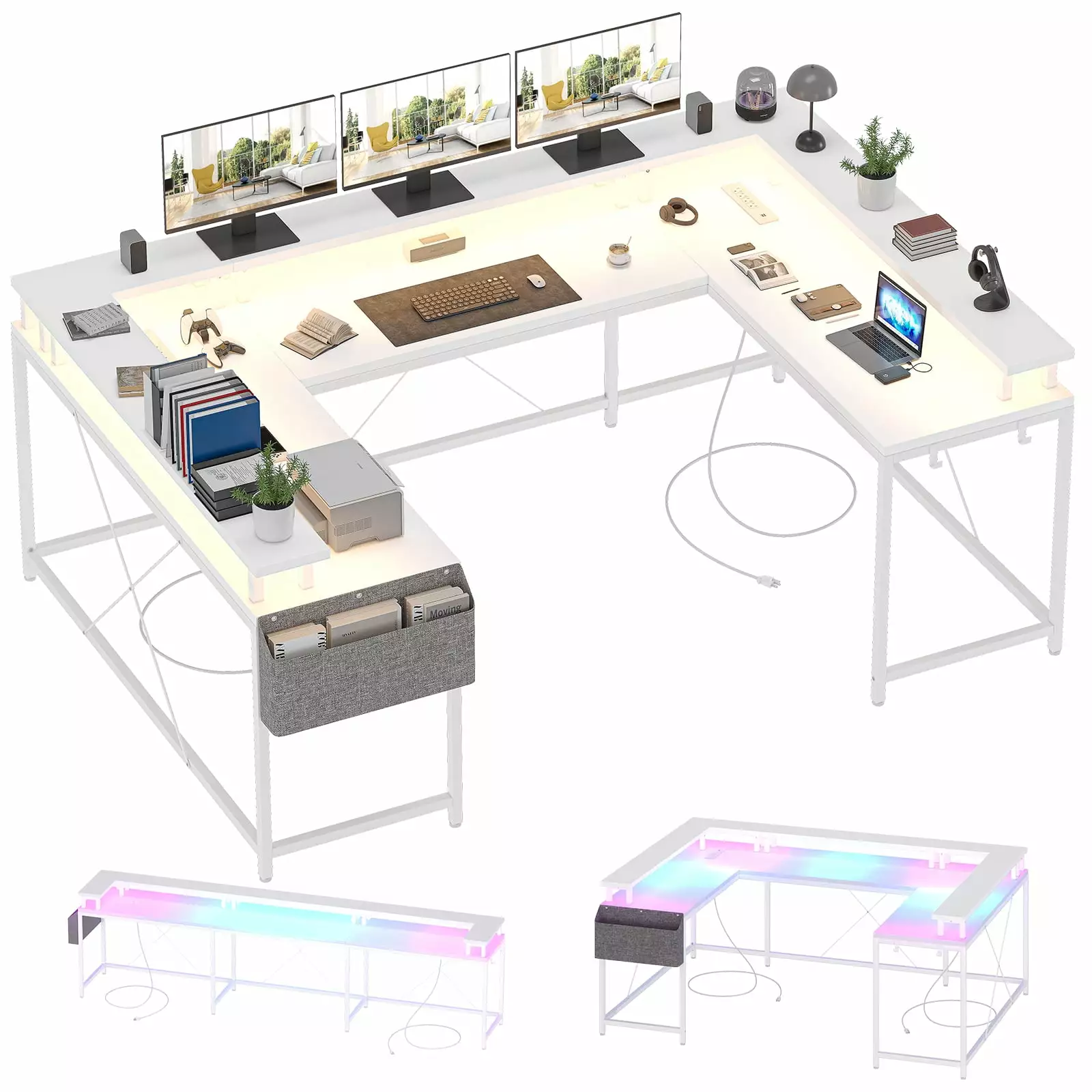 Tropow Reversible 79 U Shaped Gaming Desk LED Light Strip and Power Outlet