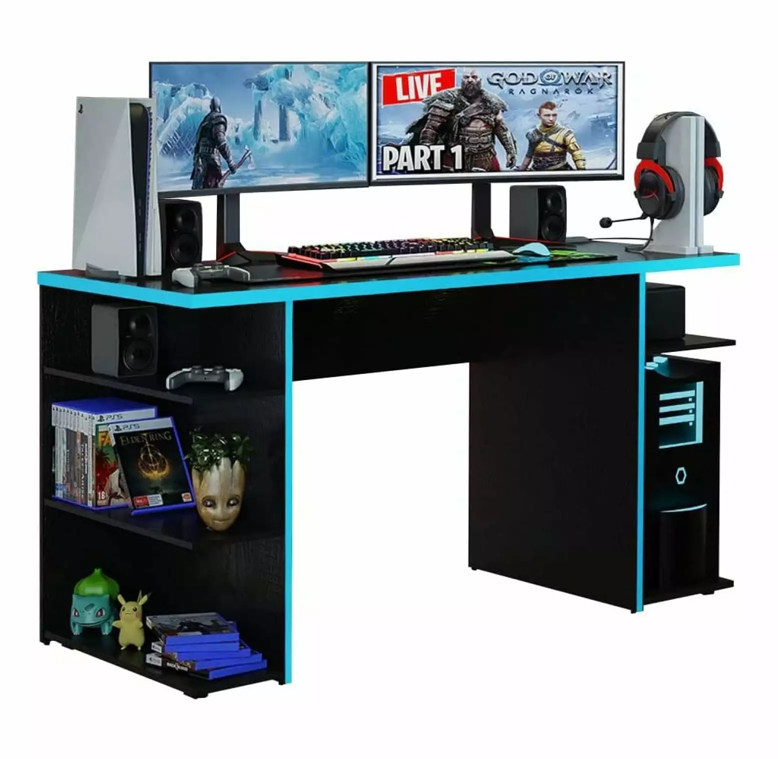 Gaming Computer Desk 5 Shelves Cable Management and Large Monitor Stand Black Blue Wood Desk Tyslan