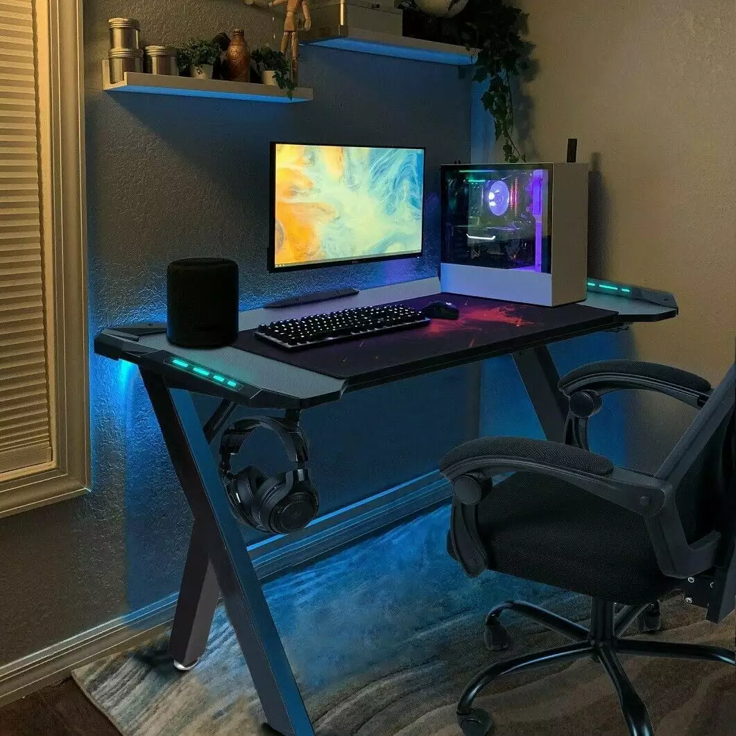 RGB LED Lights Gaming Computer Desk Carbon Effect Racing Table Workstation Home UNHO