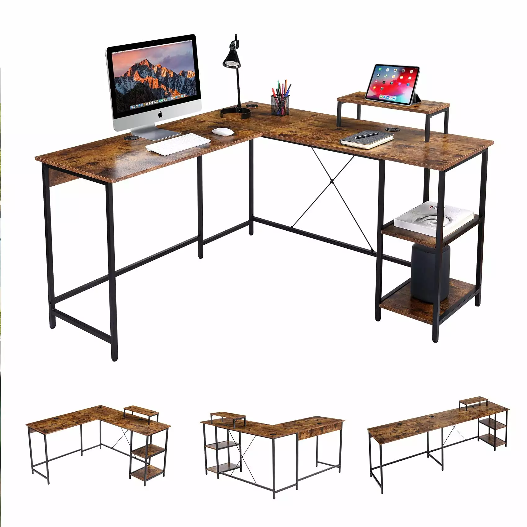 UNICOO L Shaped Computer Desk Modern Corner Computer Desks CPU Stand L Shaped Game Table Storage Shelves Study Writing Des...
