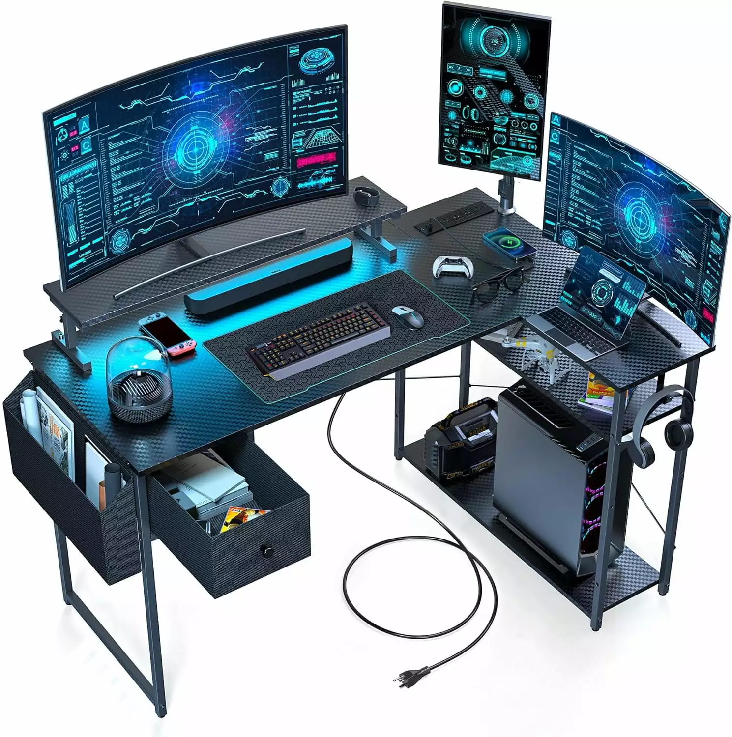 UPGO L Shaped Gaming Desk 47 Inch Computer Desk LED Lights Adjustable Stand Power Outlets Storage Drawer Black Carbon Fiber