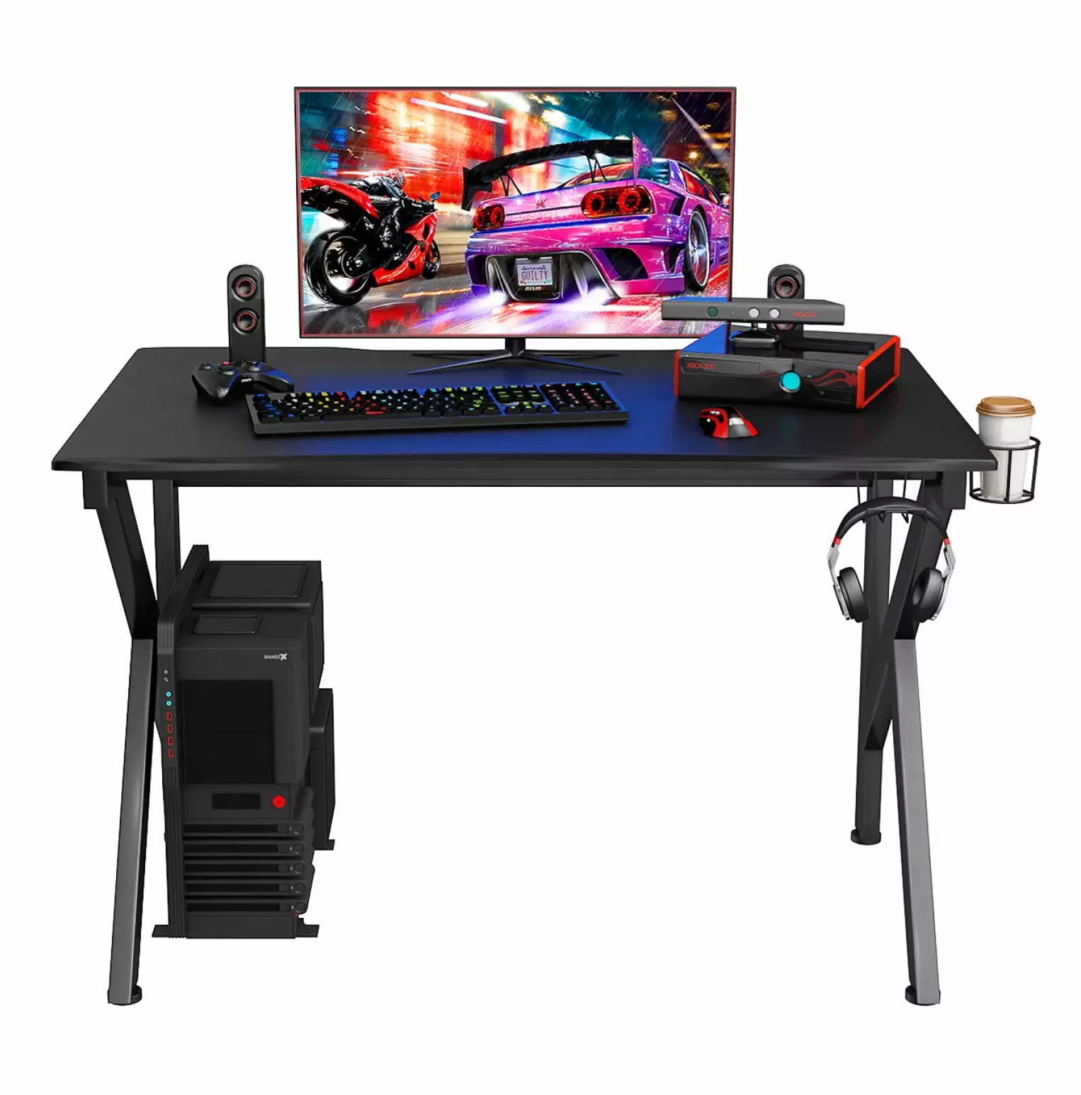 WANCQ K-Shaped Gaming Desk Cup Holder and Hook Gamers Computer Table E-Sports Home Office