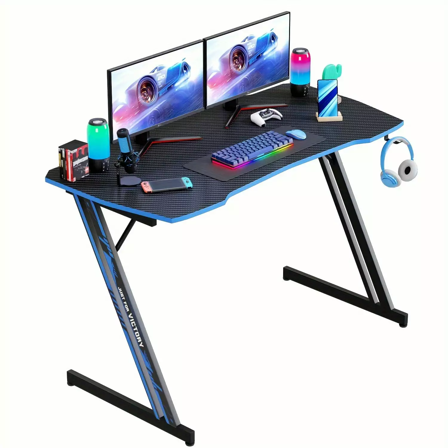 47 Inch Z Shaped Gaming Desk Ergonomic PC Computer Workstation Study Table Headphone Hook Blue WYGMAV