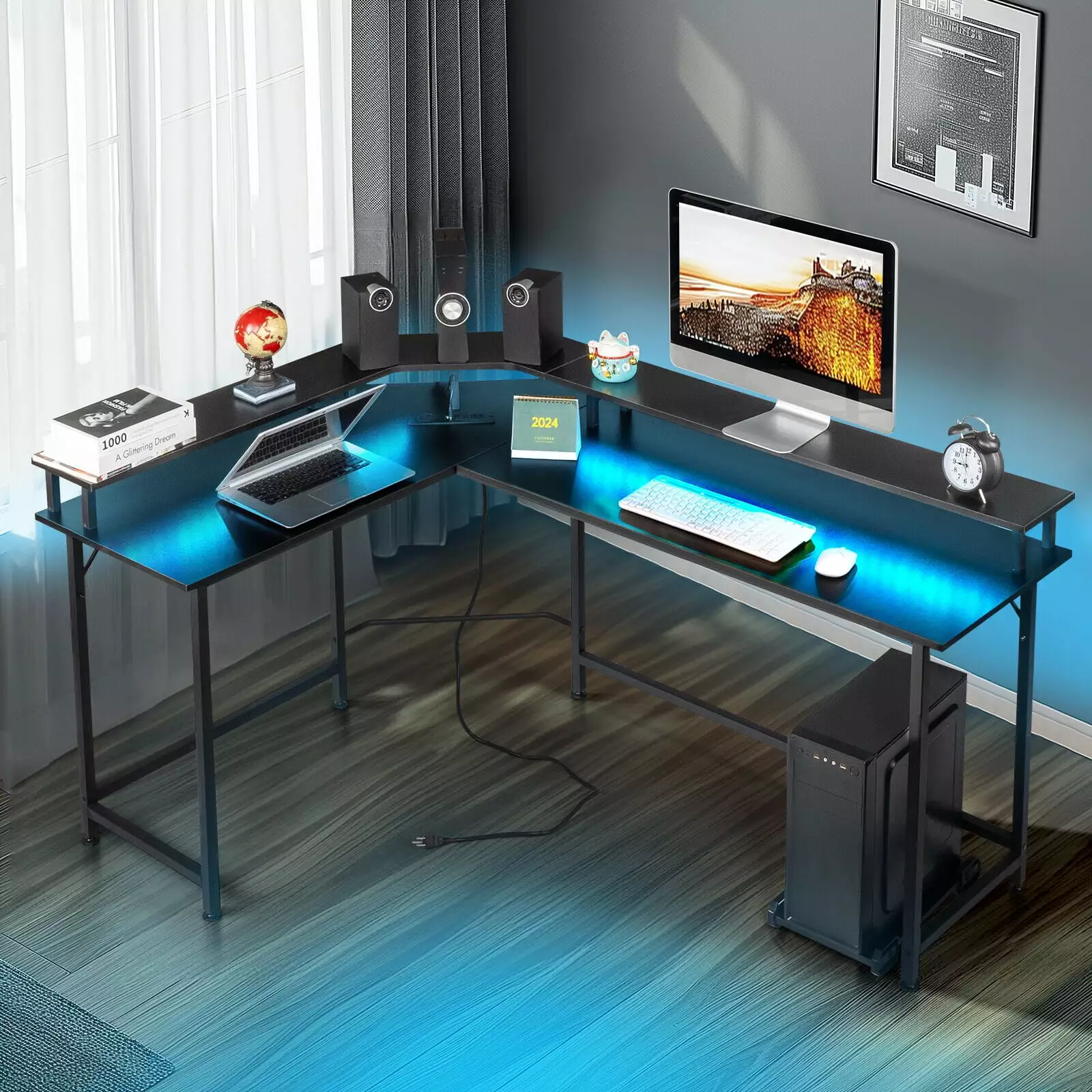 L Computer Desk Gaming Table LED Lights Power Outlets Home Office Table XGBY Home Products