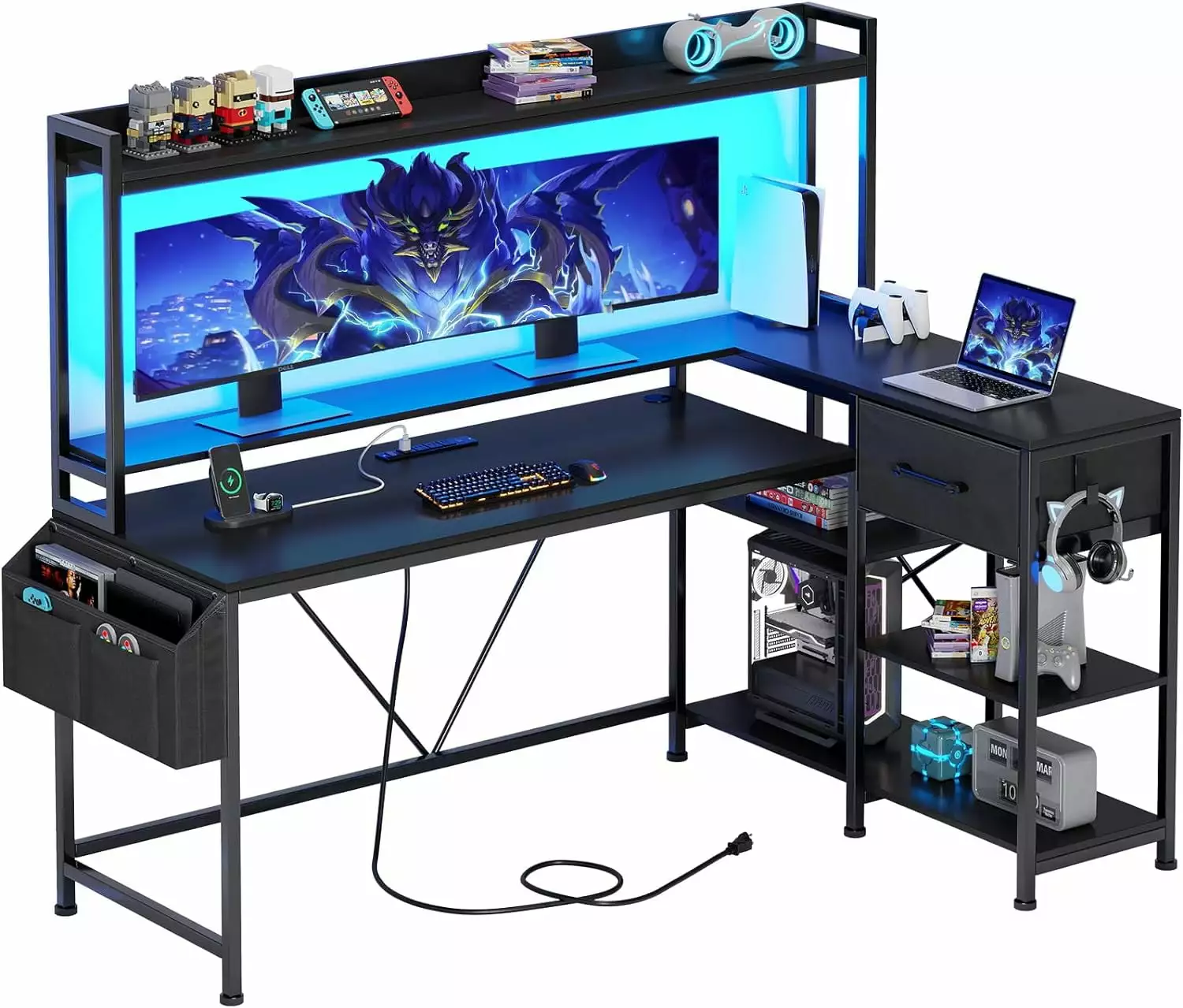 YAQININ 55 Inch L Shaped Gaming Desk Black Corner Computer Desk Fabric Drawer Storage Power Strip LED Lights