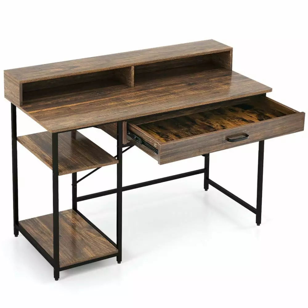 Yardi Yard 48 Inch Rustic Brown Computer Desk Monitor Stand Drawer and Shelves - Gaming Desk Study Working Writing