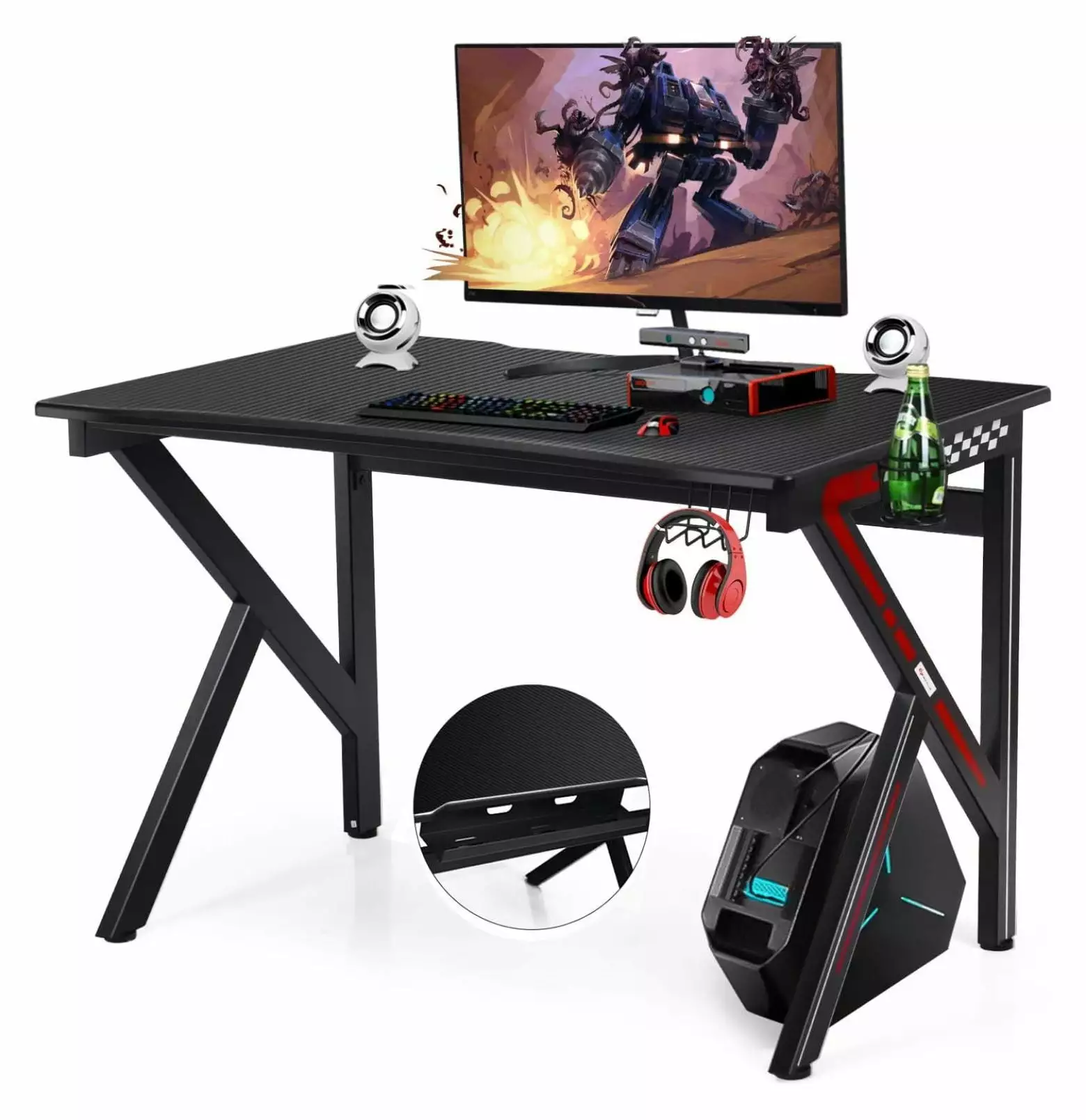Zazesaby 45 Inch Gaming Desk Cup Holder Headphone Hook Curved Front Ergonomic Computer Desk