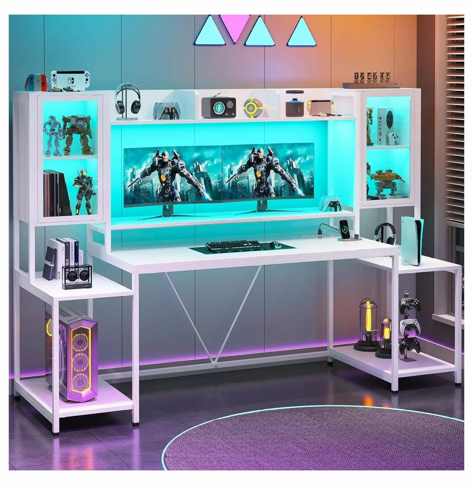 74.8 Inch White Gaming Desk LED Lights Power Outlet and Monitor Stand ZHOUJIA
