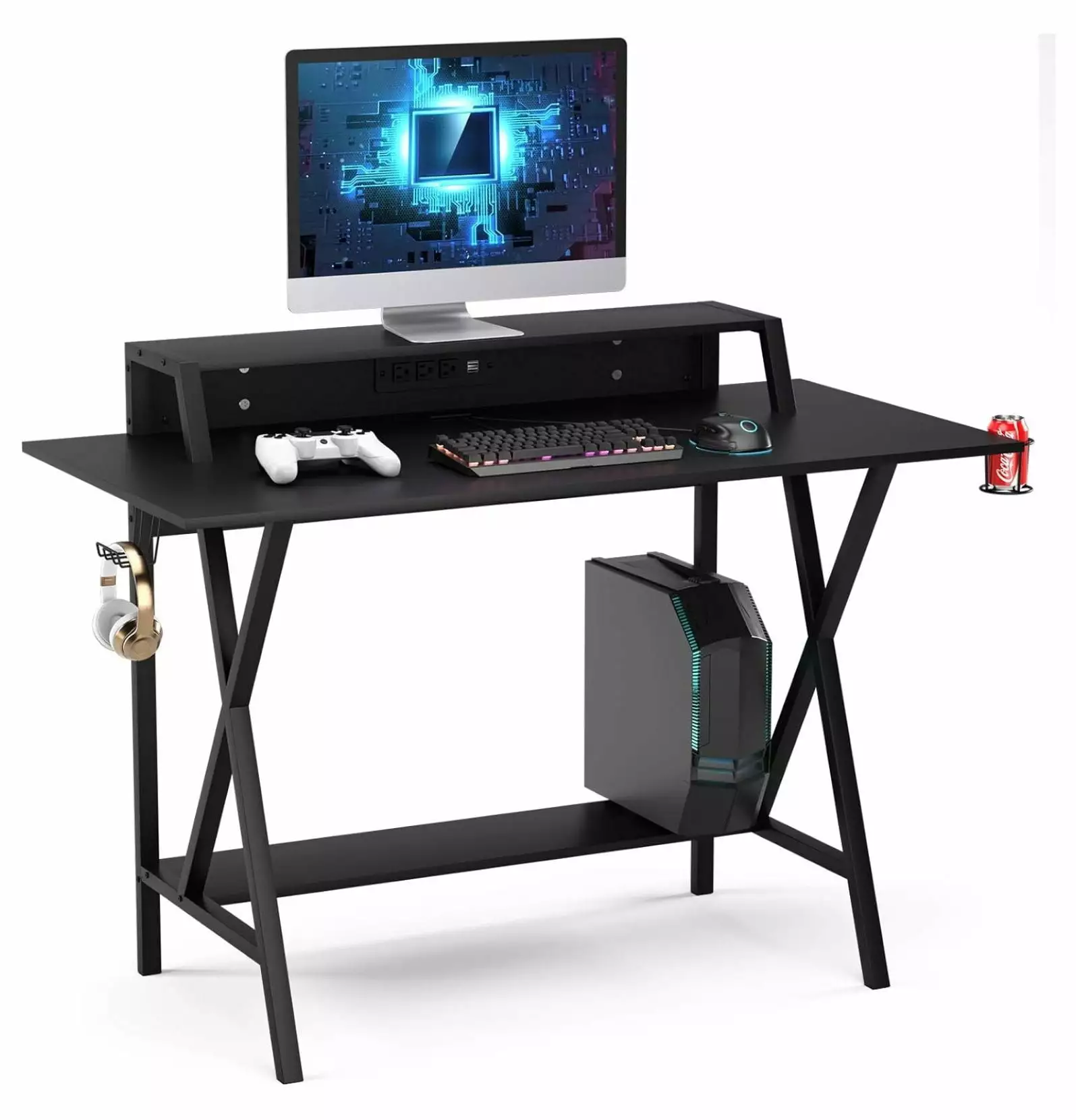 Casart Gaming Desk Gamer Cup Headphone Holder 3-Outlet 2 USB Ports Multifunctional Writing Desk ZJINJIN