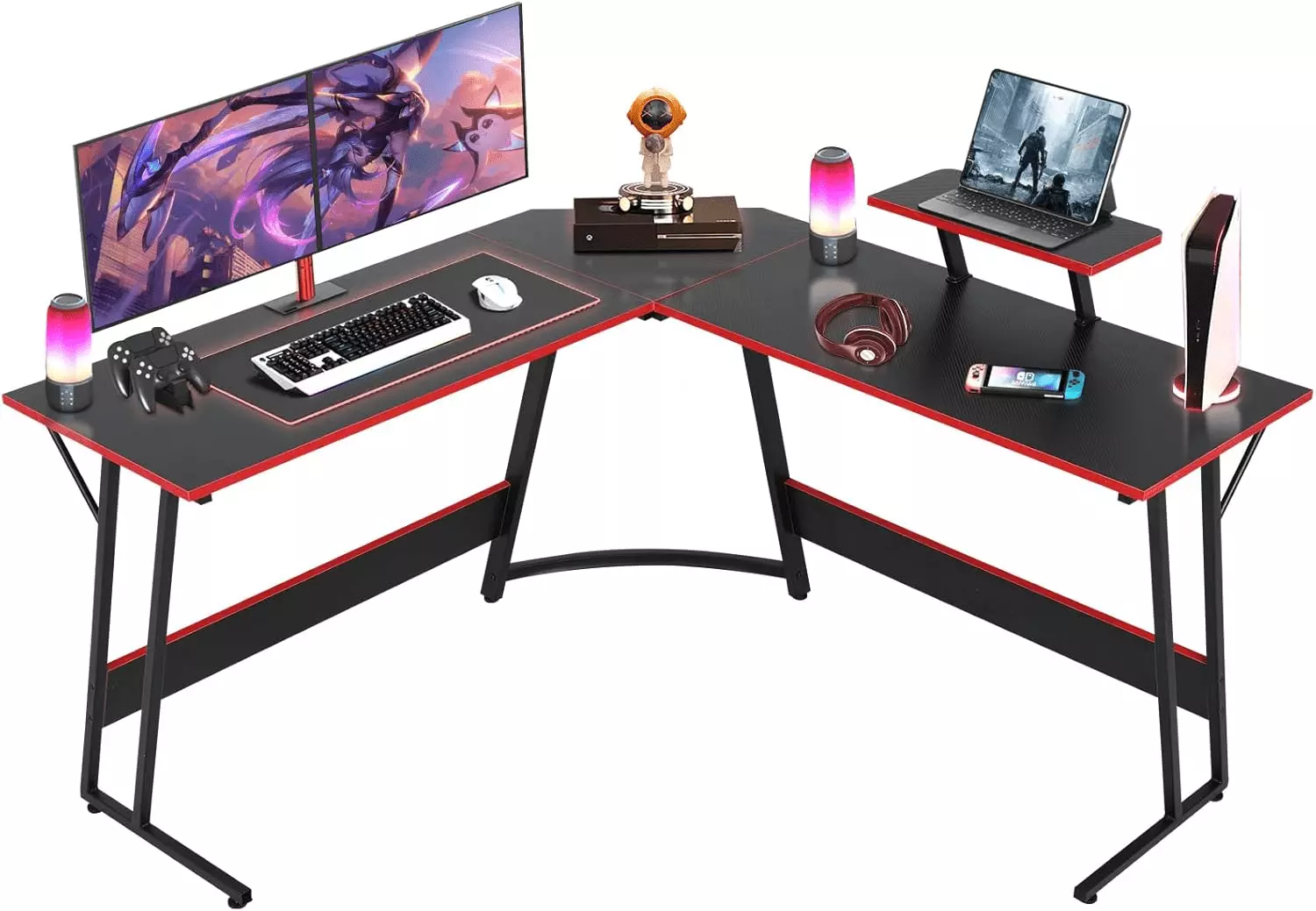 ZSHLWM 51-Inch L-Shaped Gaming Desk Black Carbon Fiber Corner Table Removable Monitor Stand