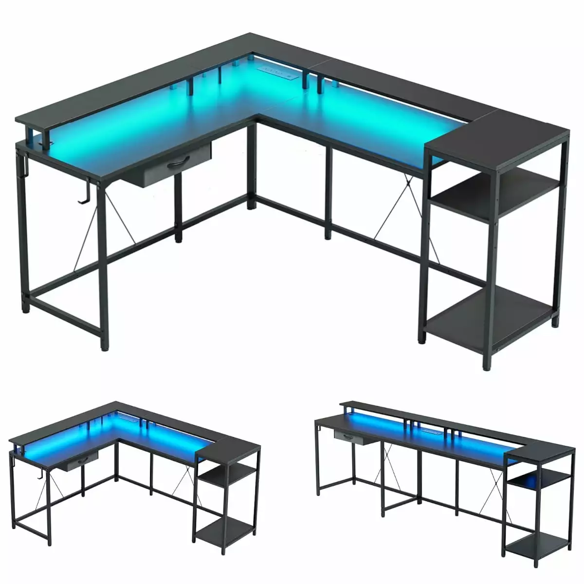 Zzistar L Shape Gaming Desk Power Outlets LED Lights and File Drawer