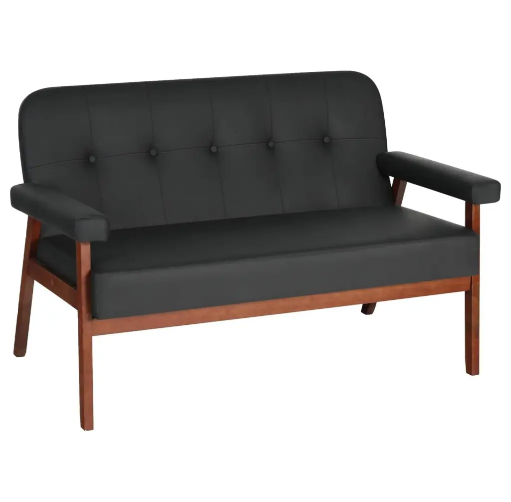 Gexandy 50W Black Faux Leather Small Office Couch Loveseat Sofa Wood Arms Modern