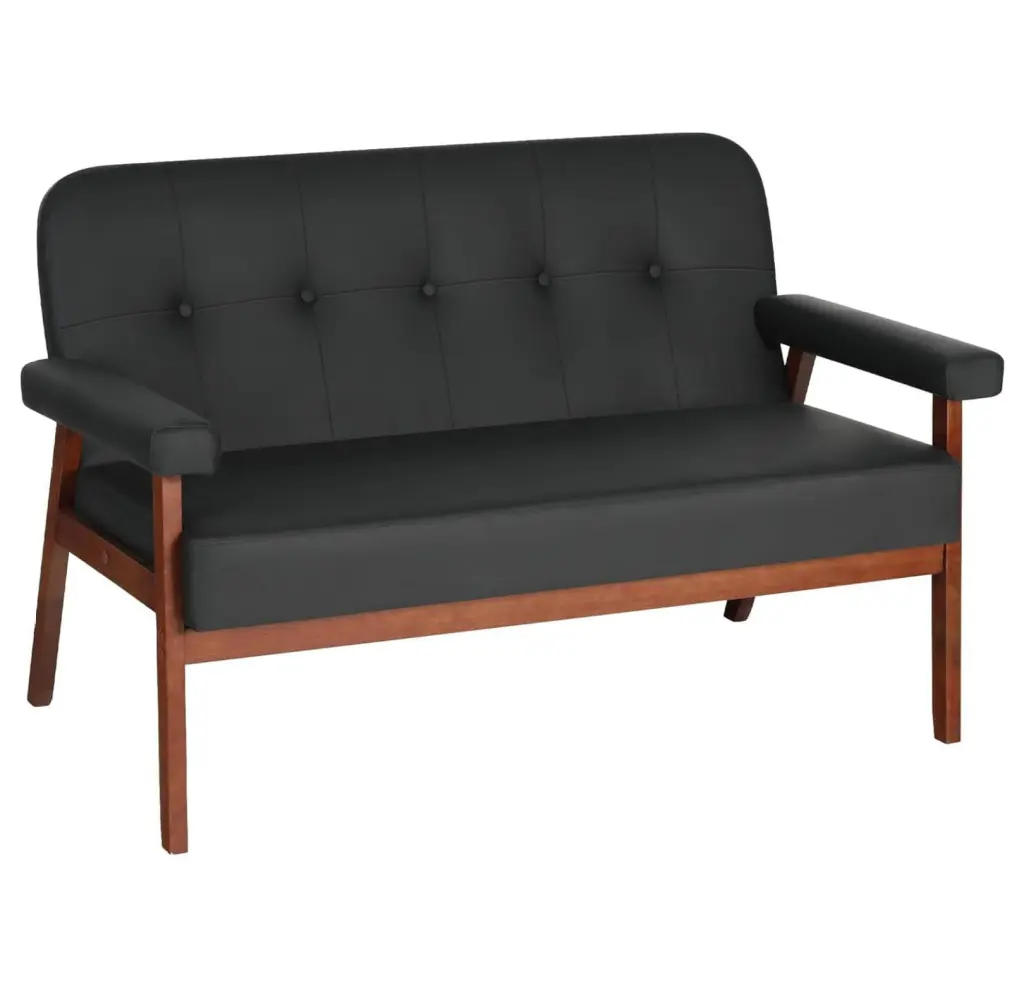 XylehR 50W Black Faux Leather Small Office Couch Loveseat Sofa Wood Arms Modern