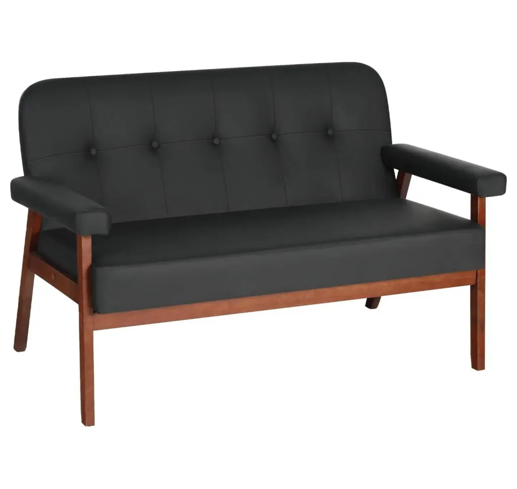 YuraZH 50W Black Faux Leather Small Office Couch Loveseat Sofa Wood Arms Modern