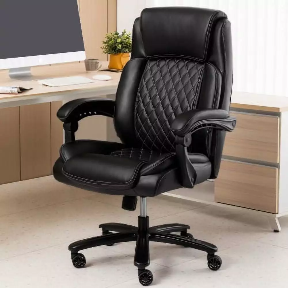 500lbs Heavy Duty Executive Office Chair Black - Wide Seat Bonded Leather Chair 30-Degree Back Tilt SMHZ