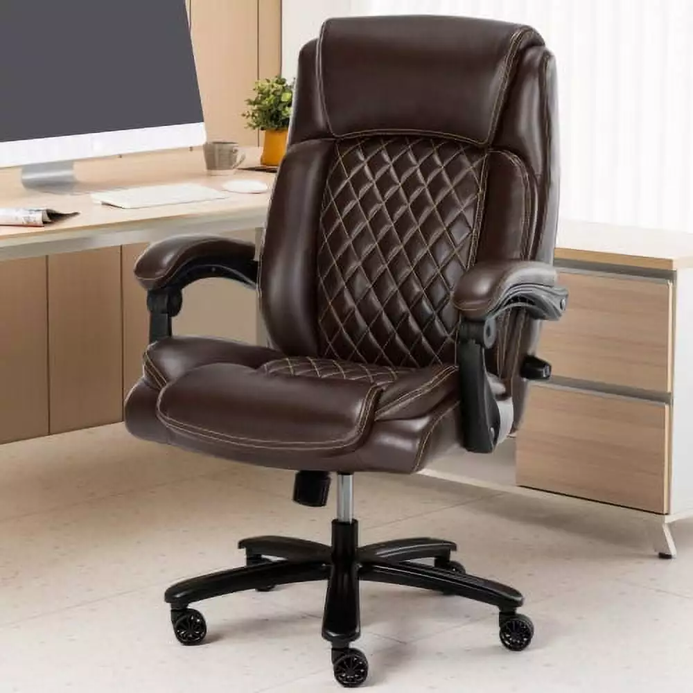 500lbs Heavy Duty Executive Office Chair Brown - Wide Seat Bonded Leather Chair 30-Degree Back Tilt SMHZ