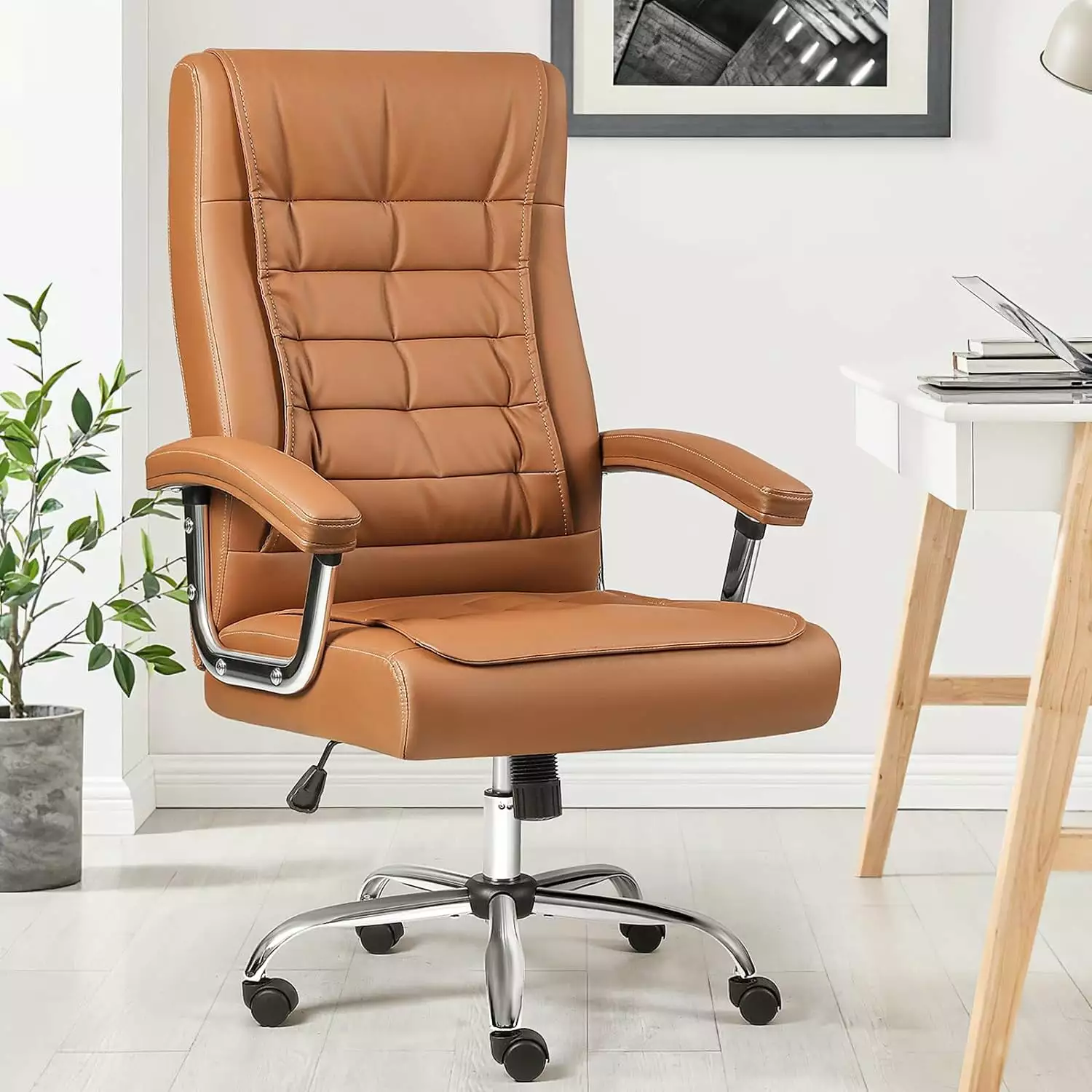 Heavy Duty 350lbs Leather Office Chair High Back Executive Desk Chair Spring Seat Khaki WRP