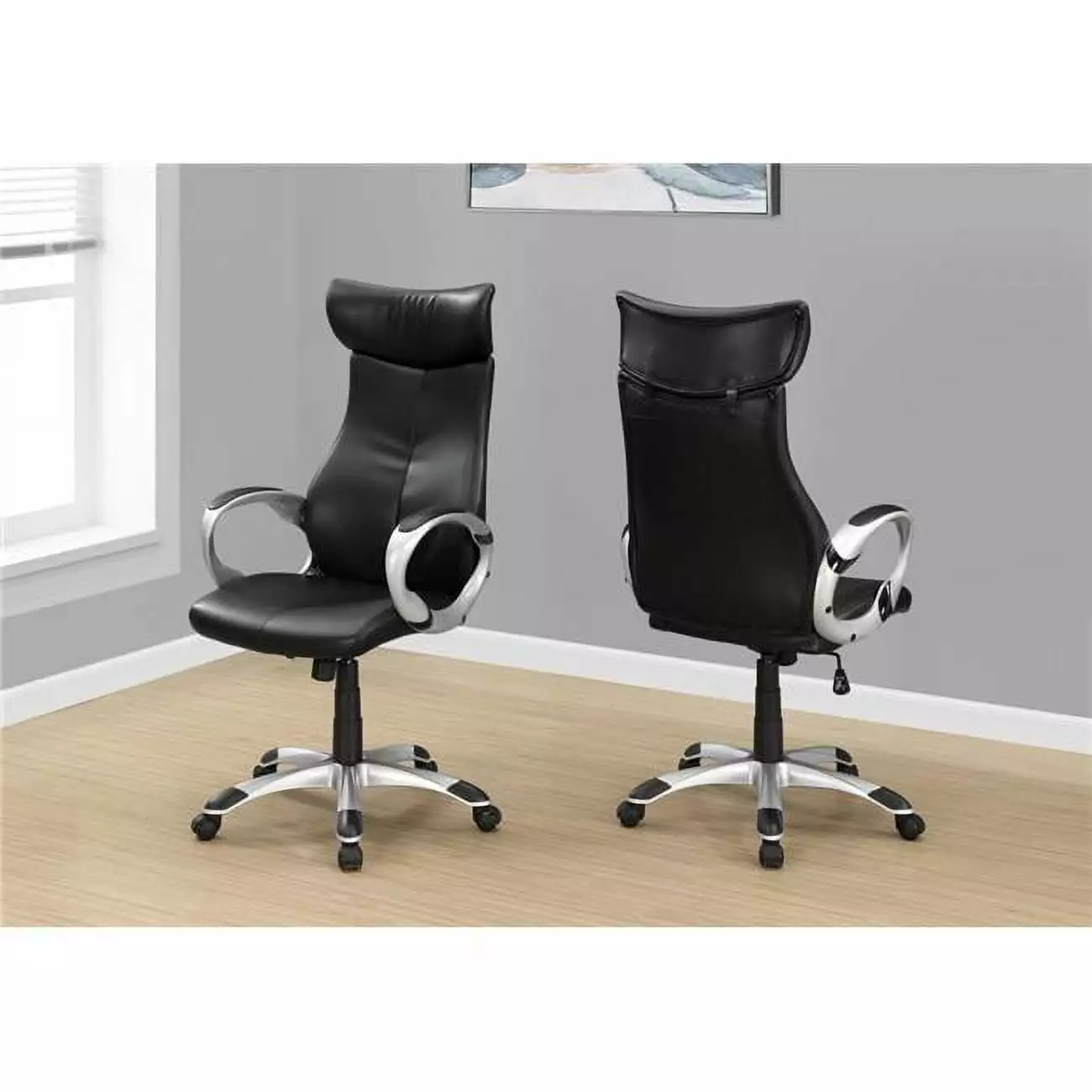 HomeRoots 47.5 Black Leather Look Silver High Back Office Chair
