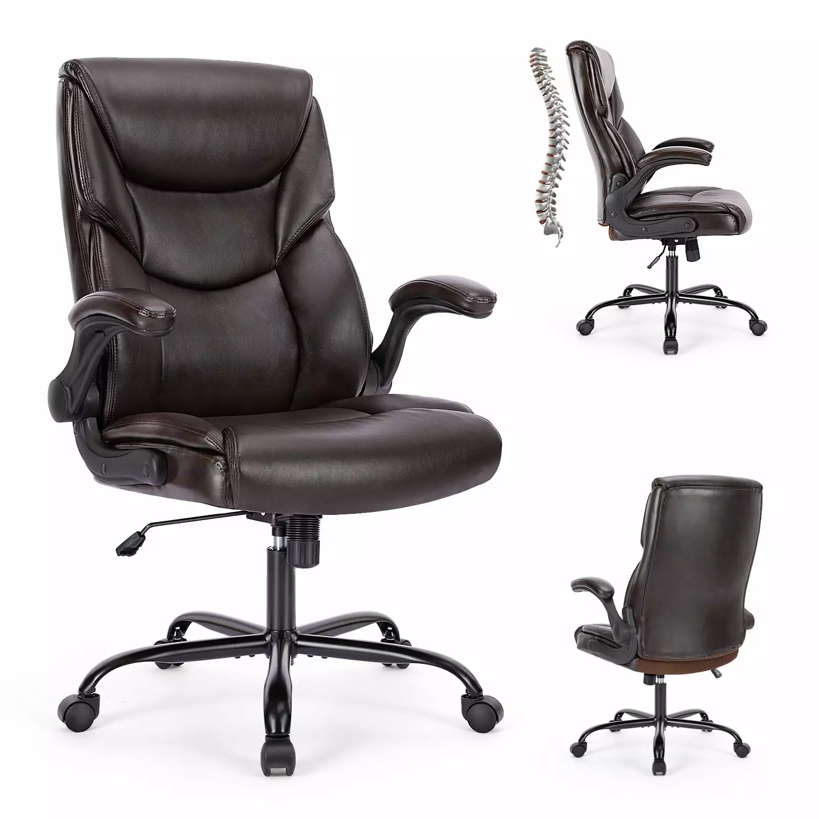 Sweetcrispy Executive Office PU Leather Desk Chair High Back Flip-Up Armrest Adjustable Ergonomic Home Office Chair A01-X1...