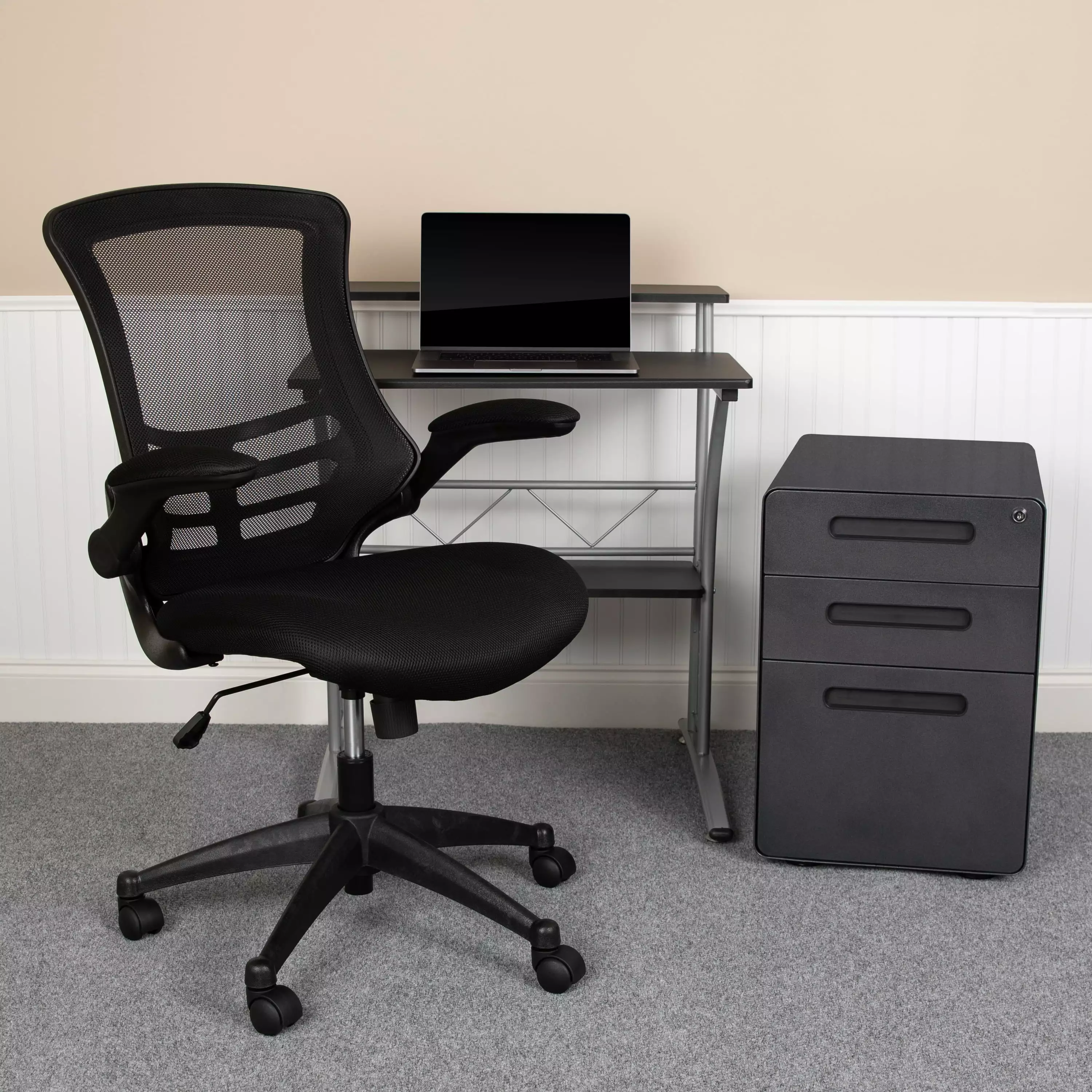 BizChair Work From Home Kit Black Computer Desk Ergonomic Mesh Office Chair and Locking Mobile Filing Cabinet Inset Handles