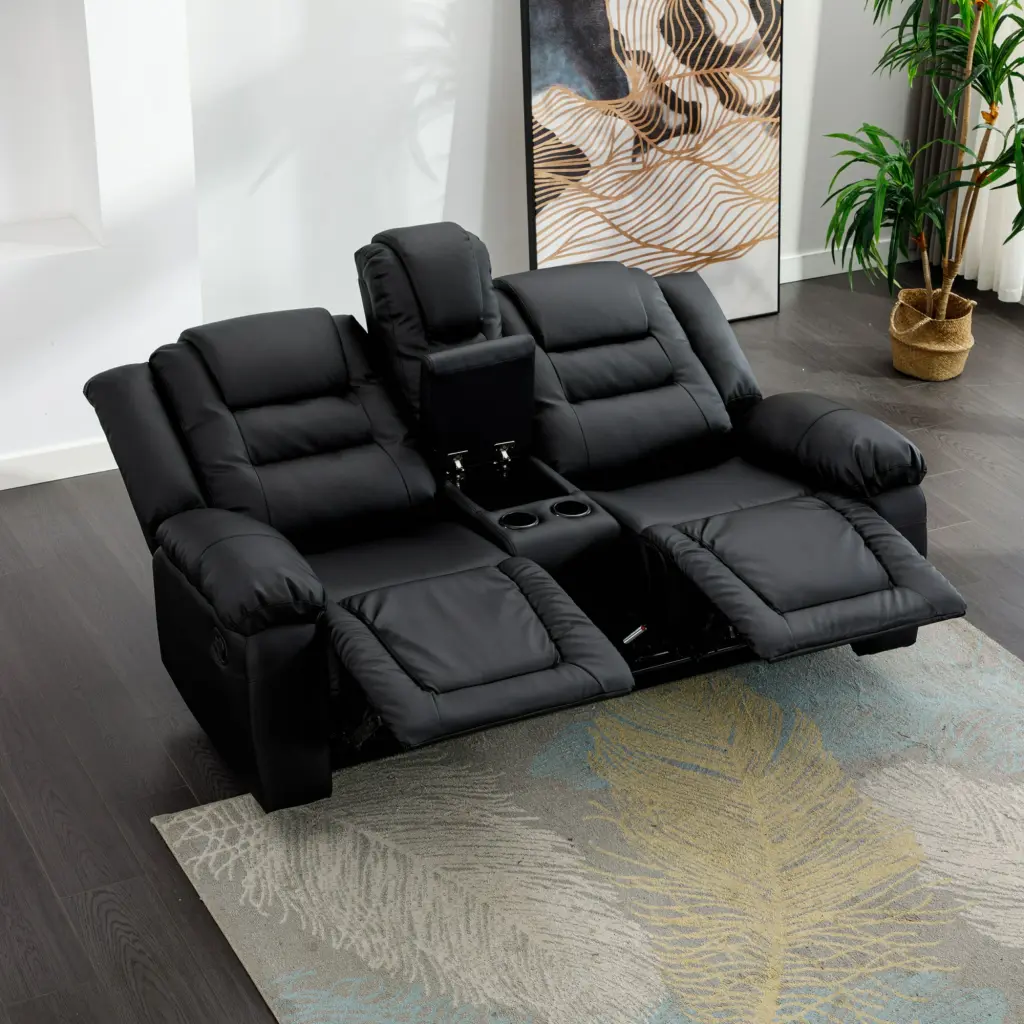 Home Theater Seating PU Leather Manual Reclining Loveseat Cup Holders and Hidden Arm Storage - Black CJC