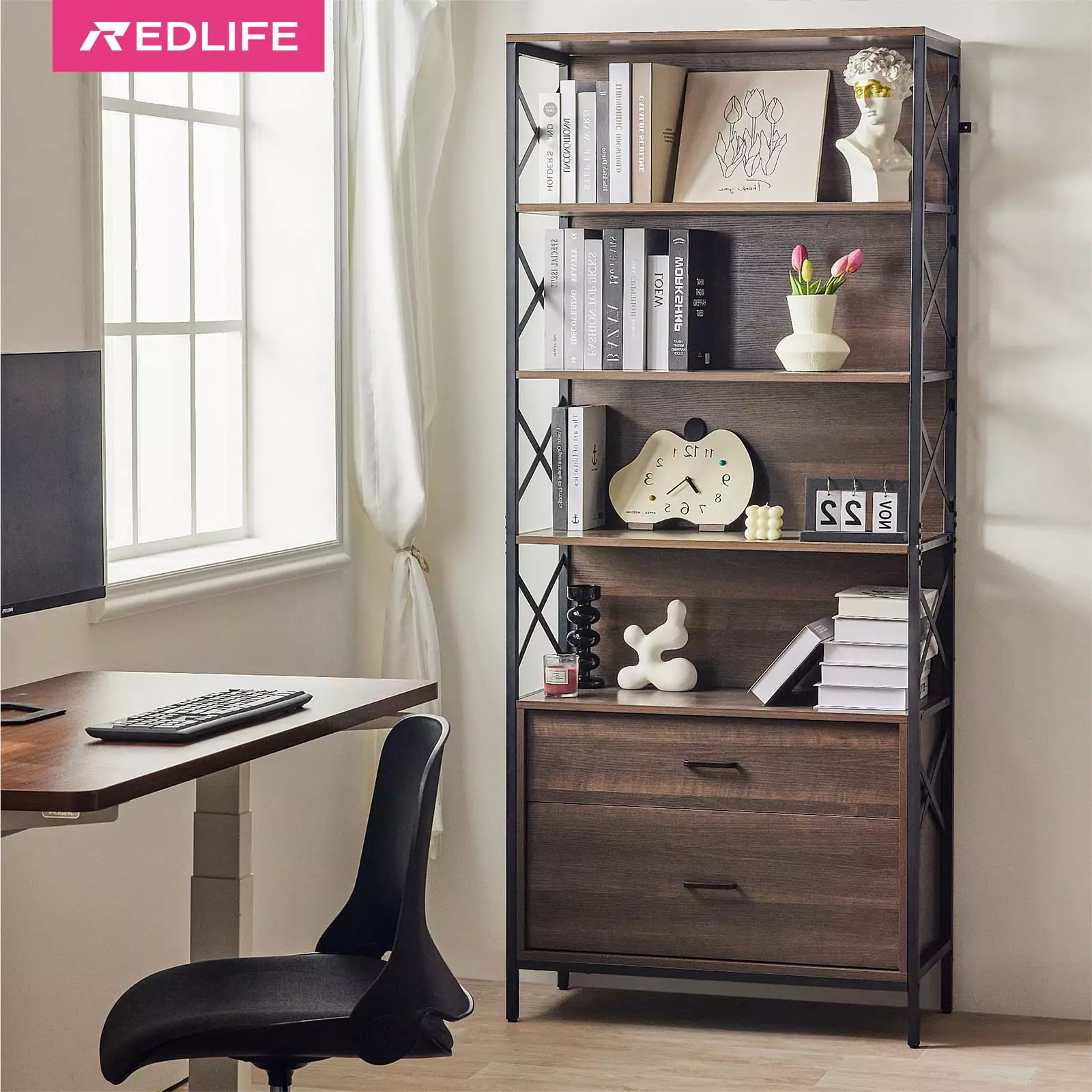 Redlife 5-Tier Rustic Brown Industrial Wood Bookcase File Cabinet Drawers Home Office