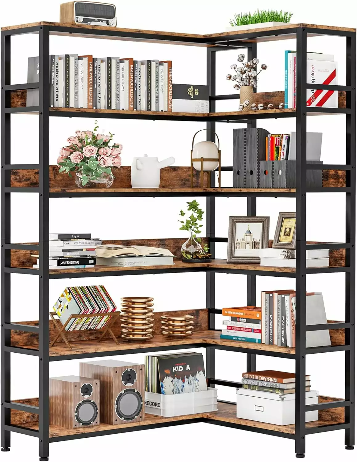 BIZFURN Industrial 6-Tier Corner Bookcase Baffles and Metal Frame