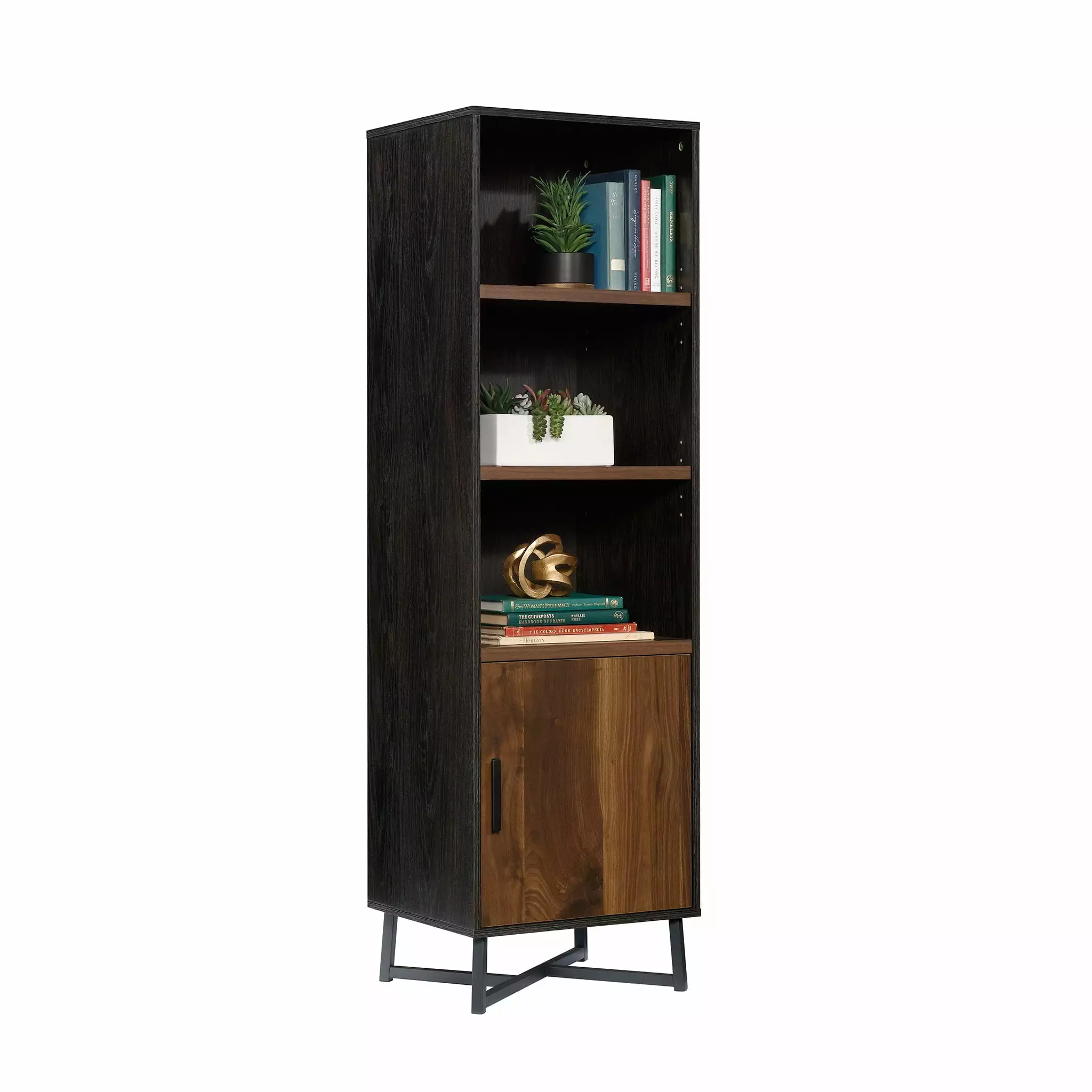 CasaSole Industrial 3-Shelf Bookcase Door Brew Oak - Vintage Storage Cabinet