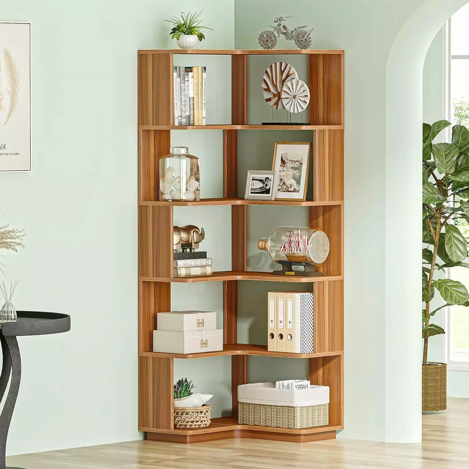 HUHAN 6-Tier Industrial Corner Bookcase Anti-Drop Panel and Wood Grain Finish