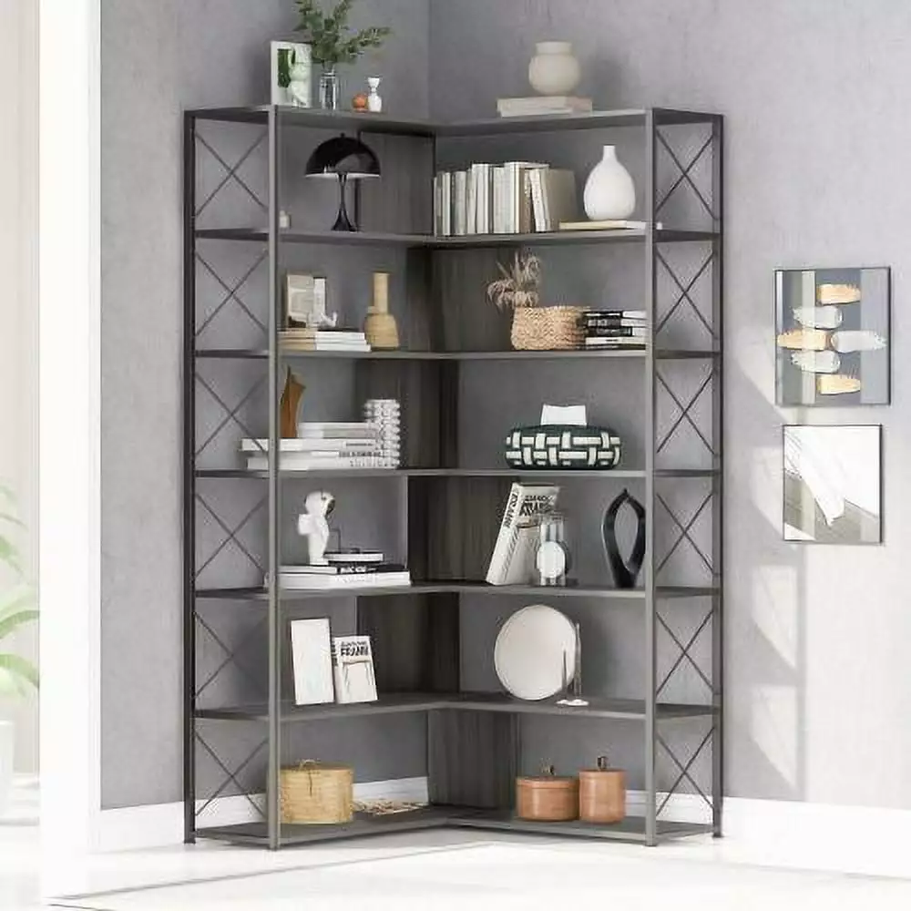 Silver Grey 7-Tier L-Shaped Corner Bookcase Metal Frame and MDF Board Hypeshops