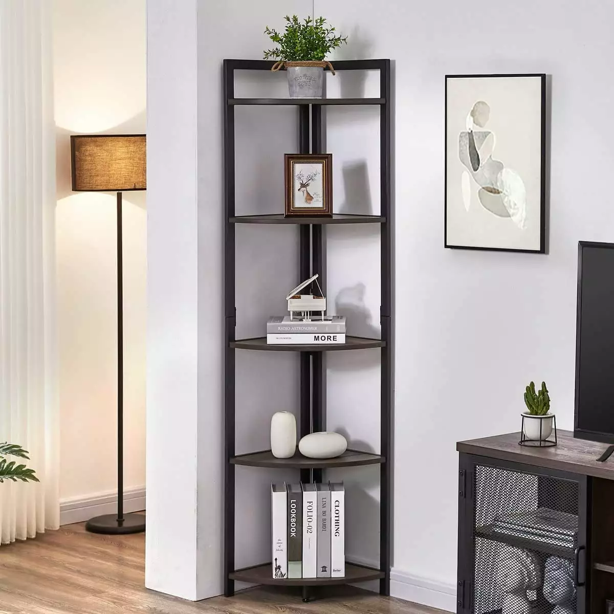 DONFU Rustic Tall Corner Shelf 5 Tier Industrial Bookcase Walnut Brown