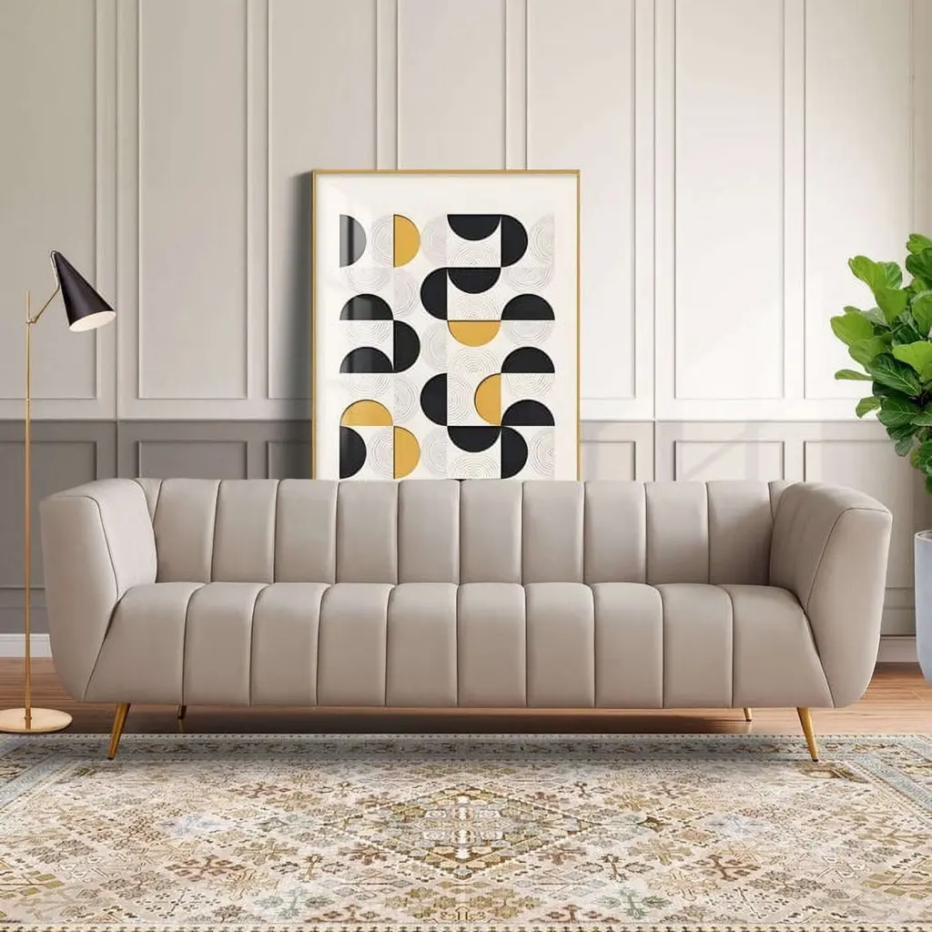 LaMattina Genuine Italian Grey Leather Channel Tufted Sofa Luxury Living Room Furniture Ashcroft