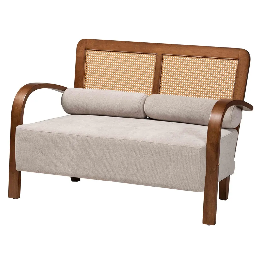 Baxton Studio Sage Grey Fabric and Walnut Brown Wood Loveseat Woven Rattan