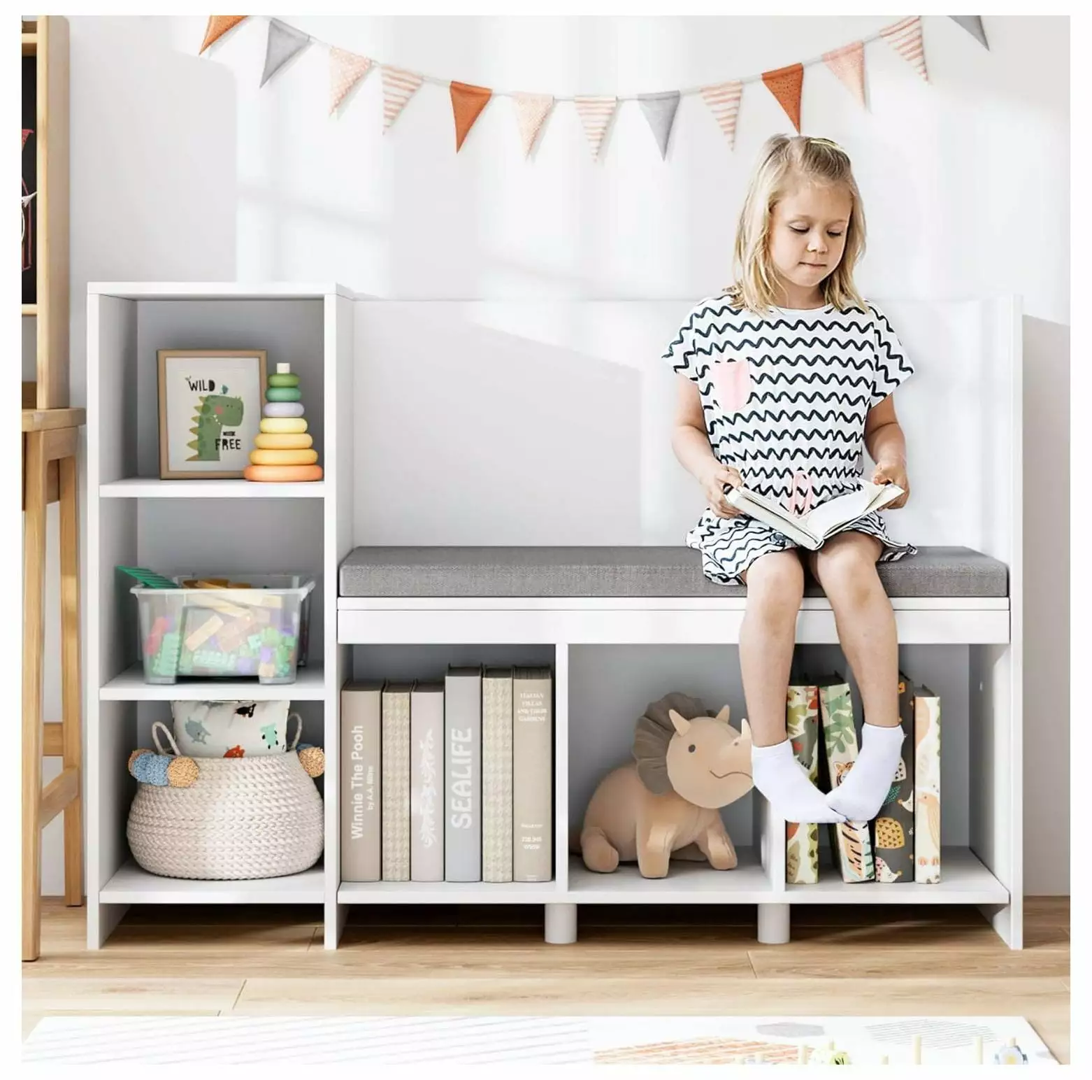 CintBllTer Kids Bookshelf Reading Nook 6-Cubby Bookcase Removable Seat Cushion Storage Organizer Adjustable Shelf Playroom...
