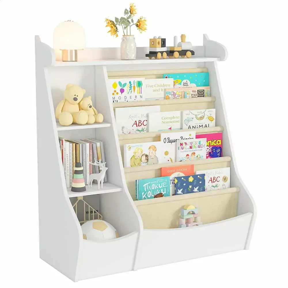 JIAOBAIKids Bookshelf Kids Toy Storage Organizer 4 Layer Sling Bookcase Playroom