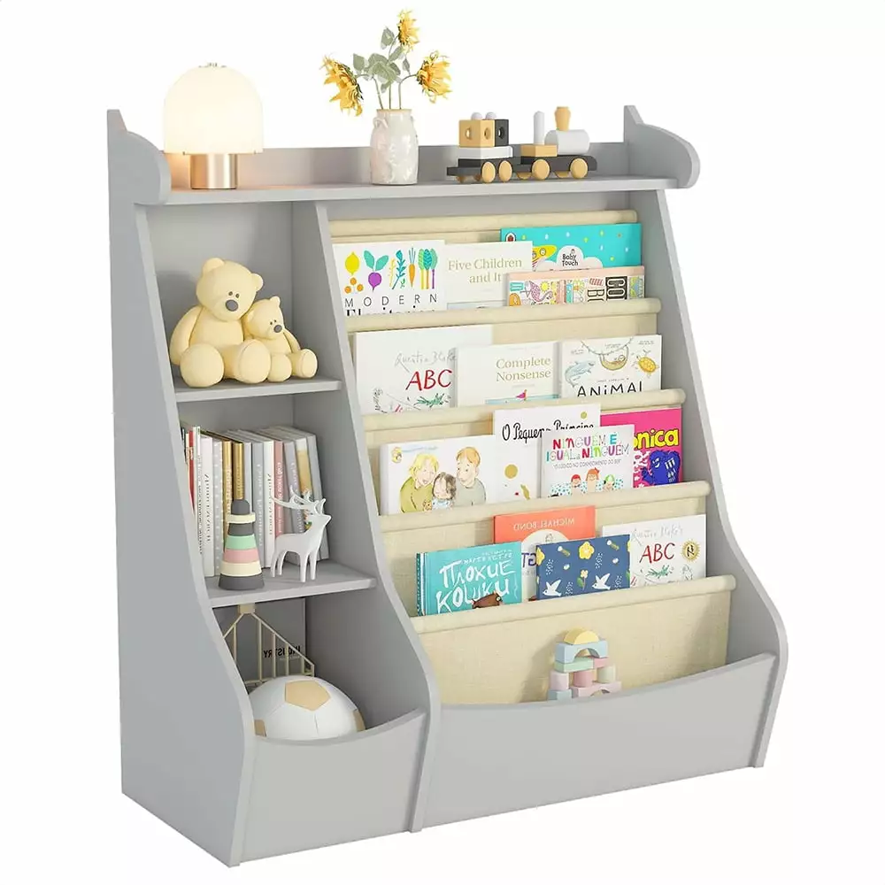 JIAOBAIKids Bookshelf Kids Toy Storage Organizer 4 Layer Sling Bookcase Playroom