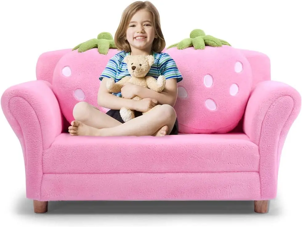Elegant Toddler Couch Strawberry Pillows Children Upholstered Loveseat Lounge Bed Pink