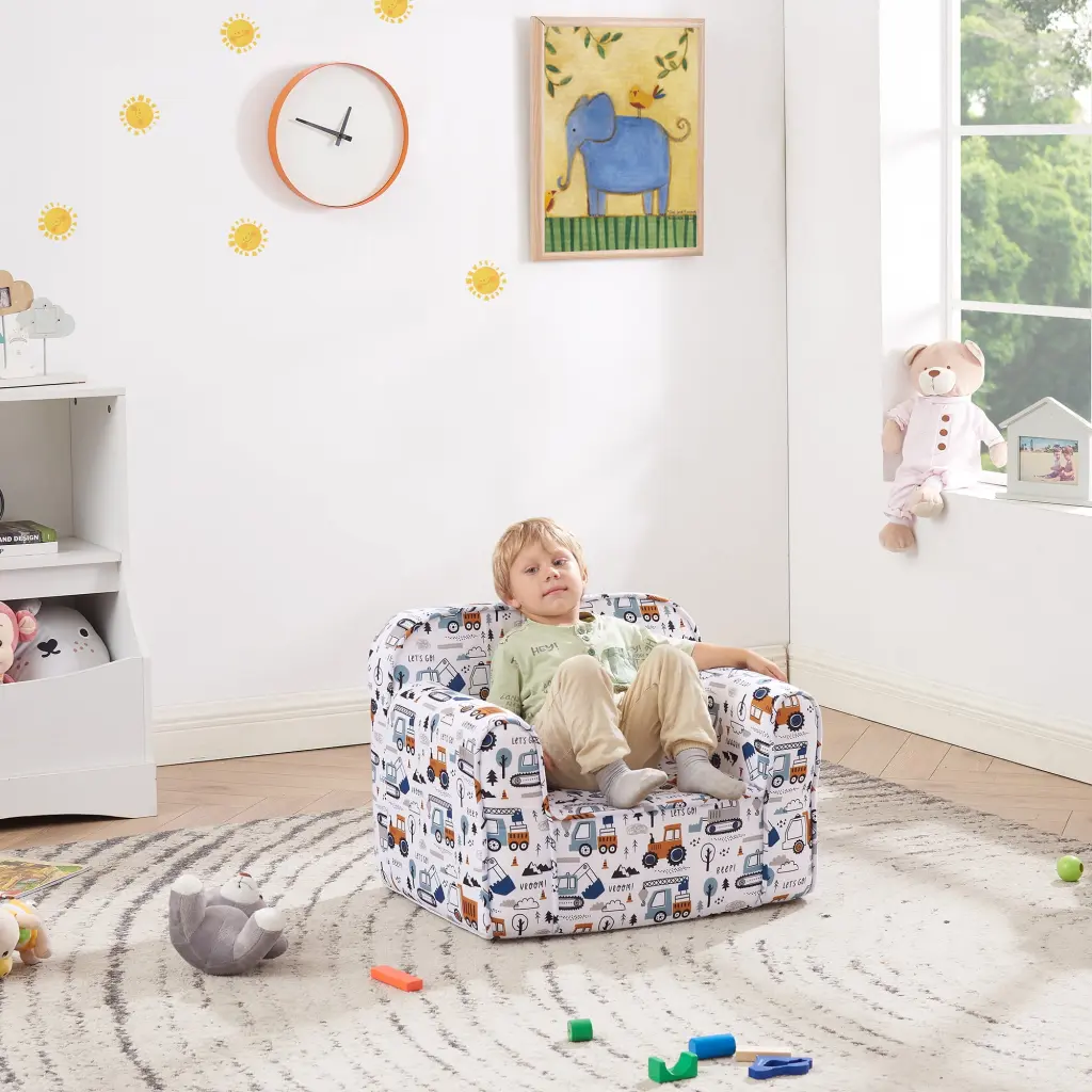 Ulax Furniture Kids Foam Sofa Chair Removable Slipcover Bedroom or Playroom White Truck
