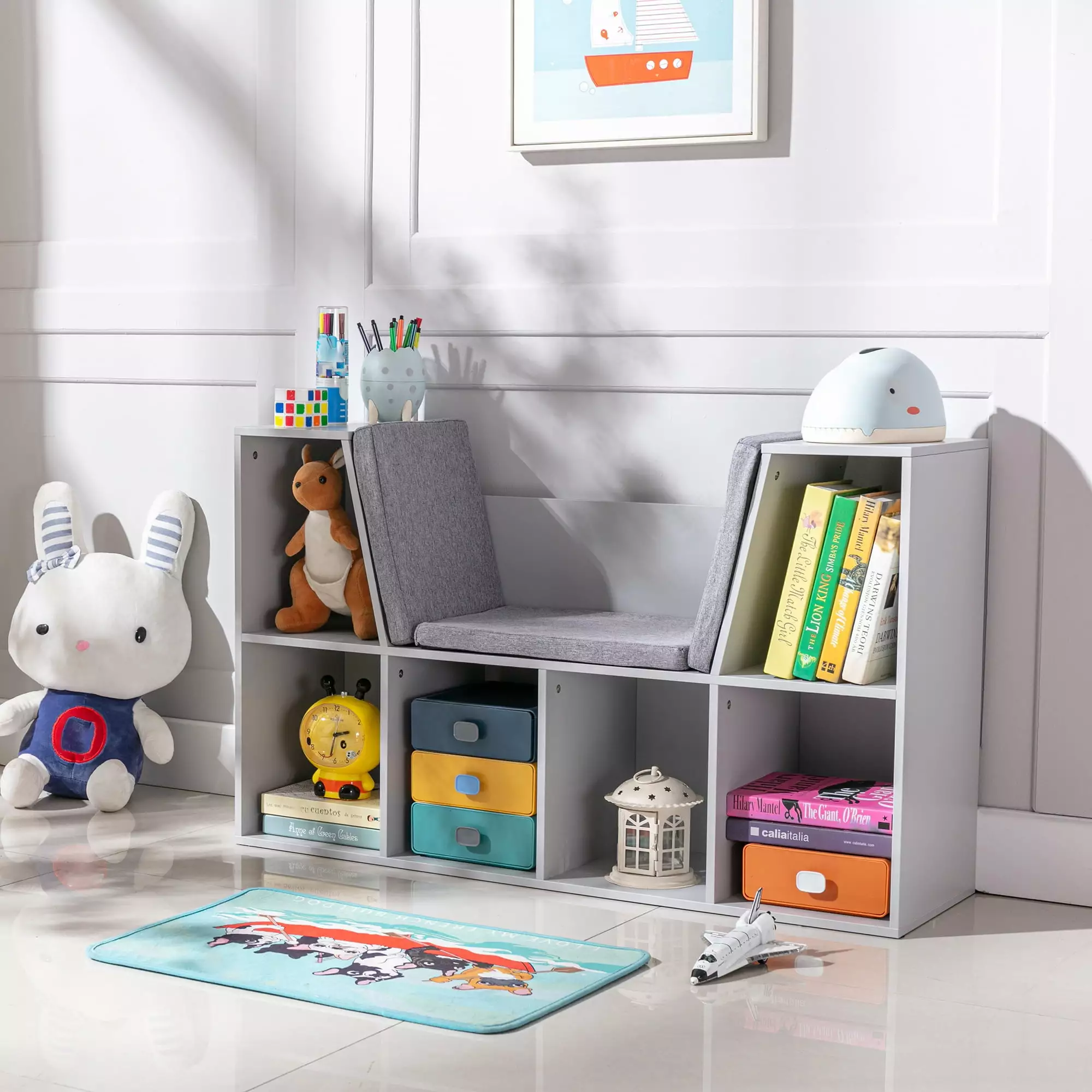 Homiyad 6-Cubby Kids Bookcase Reading Nook and Cushion Multi-Purpose Storage Organizer Grey