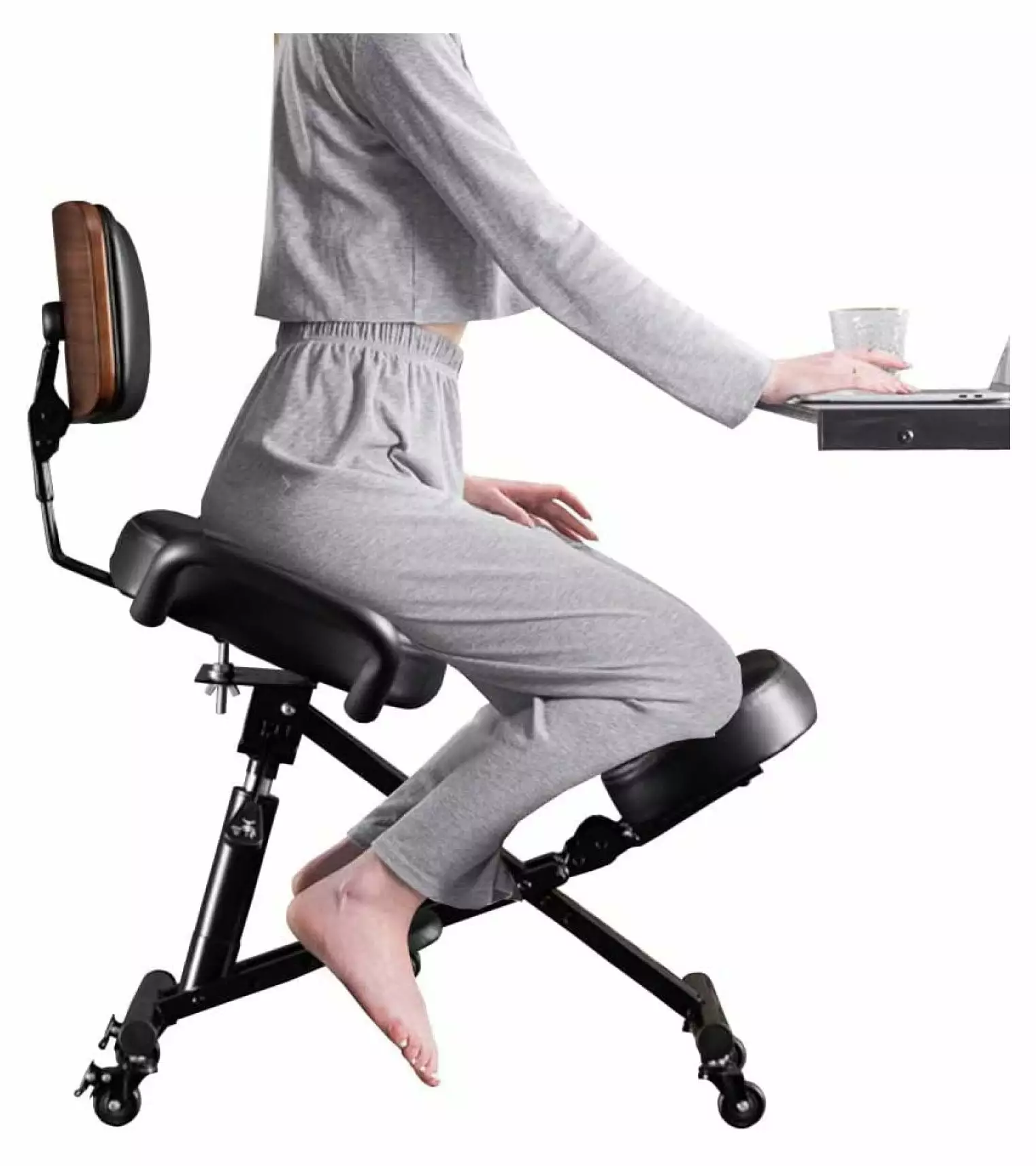 ZeloraGildan Ergonomic Kneeling Chair Wood Back Support Adjustable Desk Chair Home and Office Black