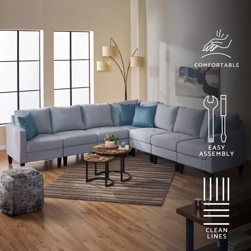Carolina 7 Piece Fabric Sectional Couch Light Gray and Dark Brown GDFSTUDIO